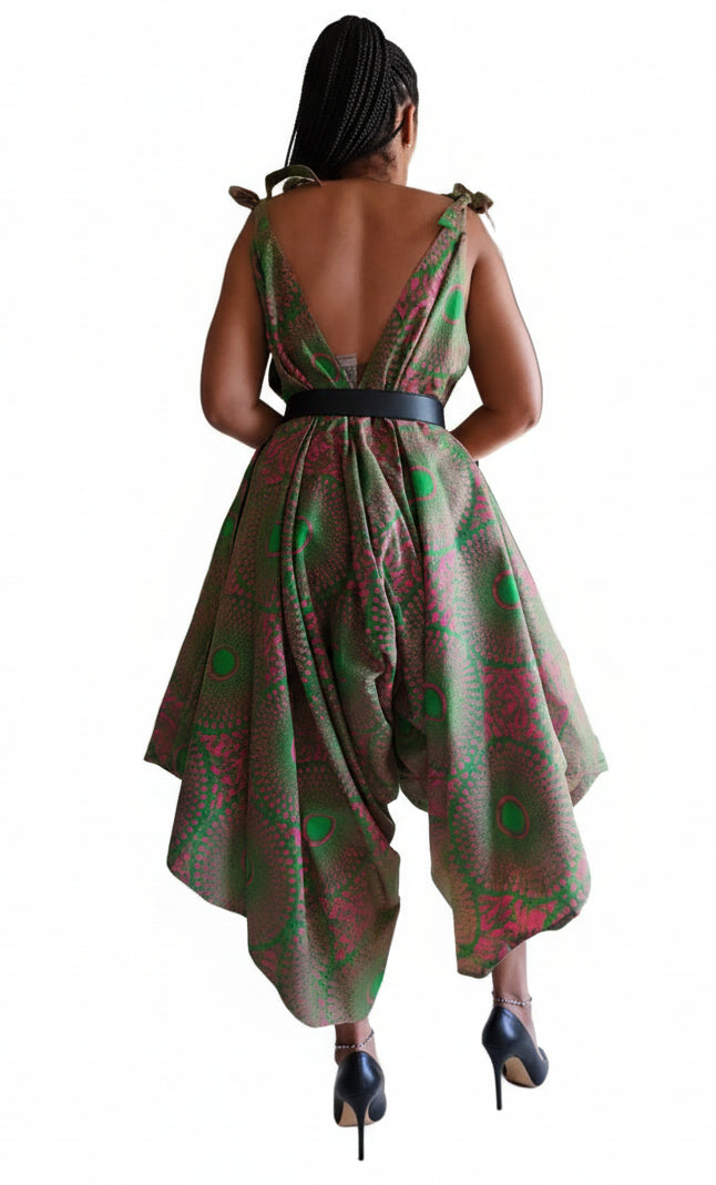 9003 - Harem Romper/Spagetti Straps/ Printed-Green/Pink
