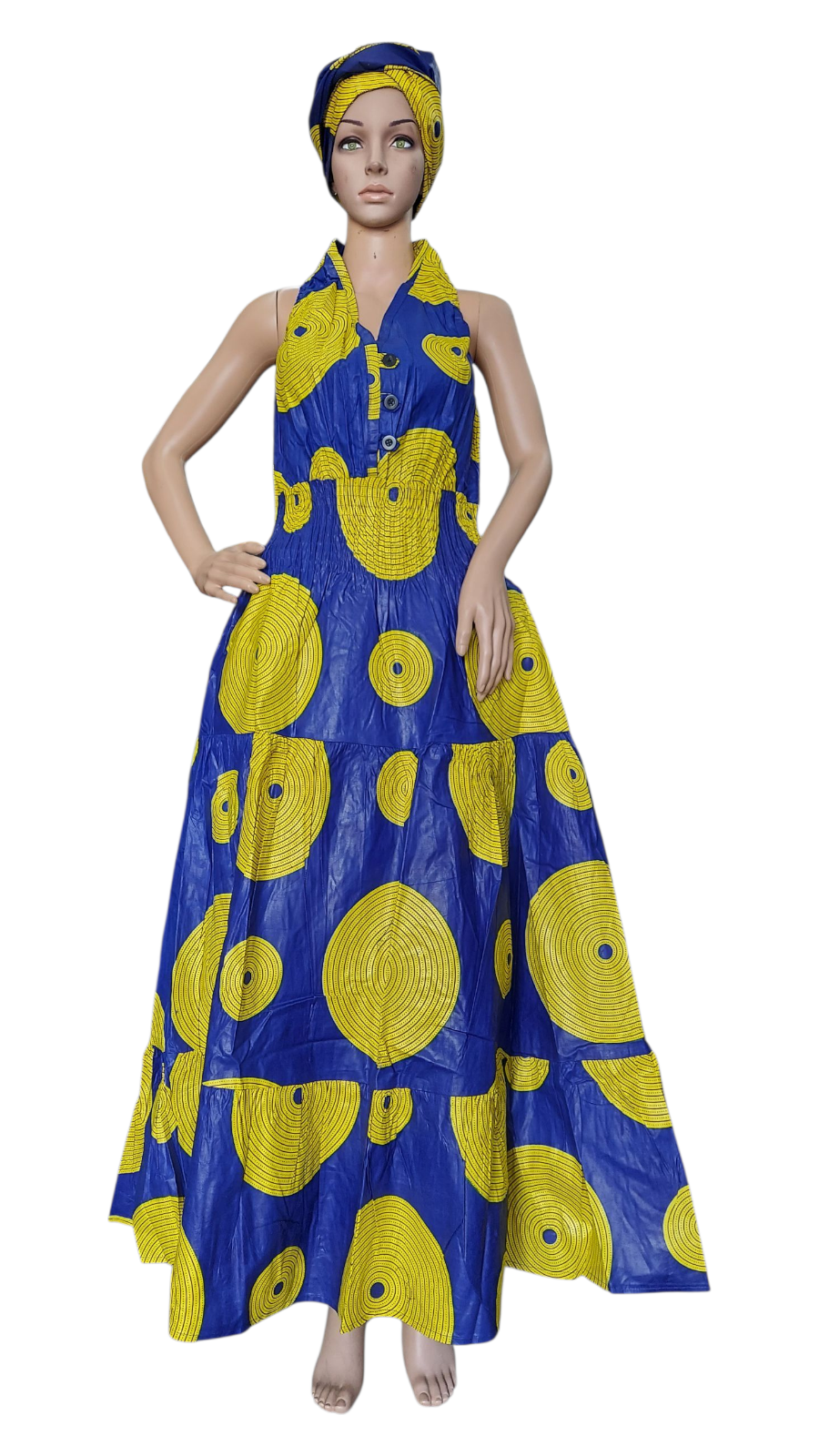 Smocked Halter Dress With Scarf Yellow Circle- 3028L
