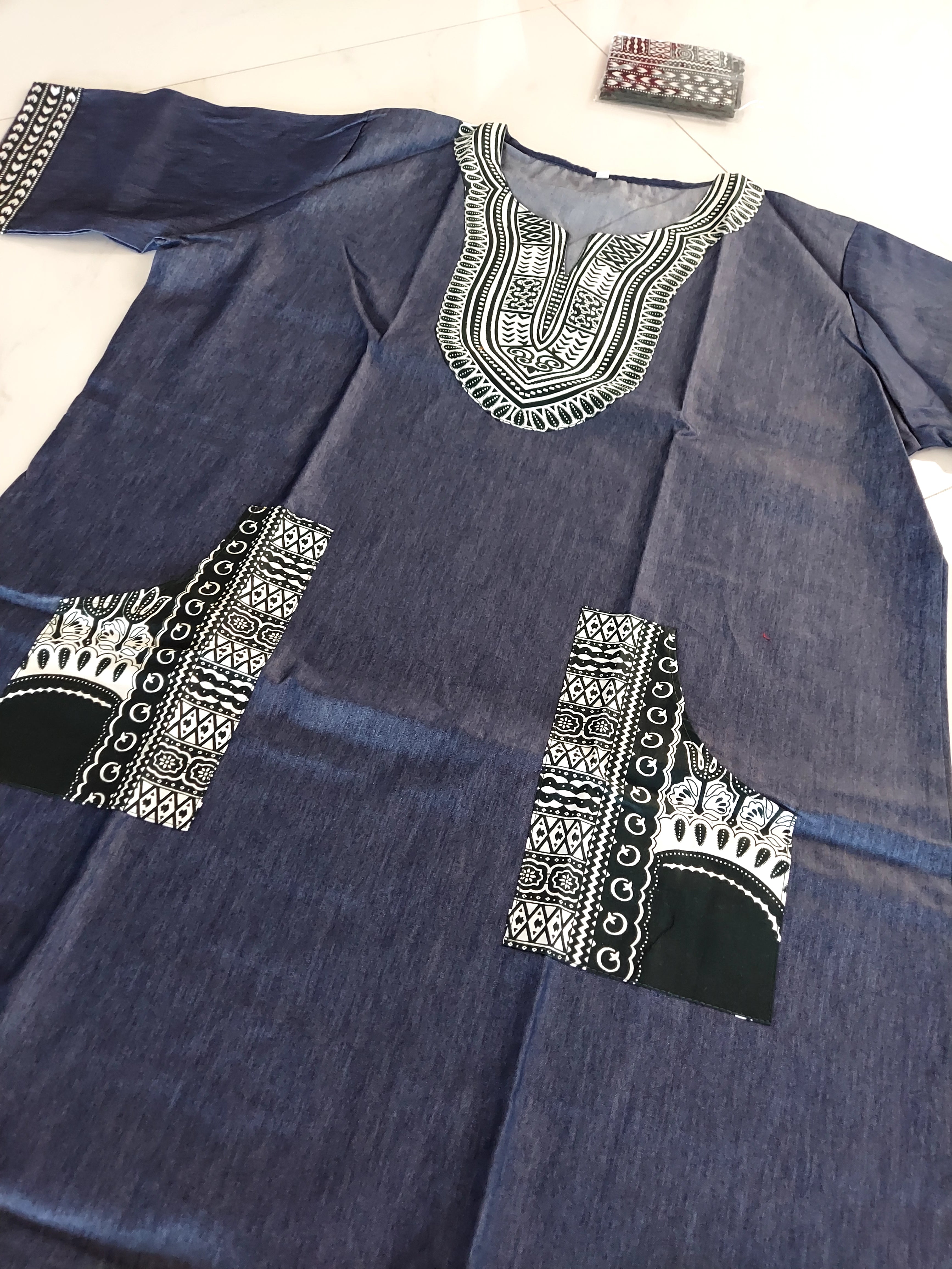 Denim / Dashiki kaftan Dress- Darkest Green
