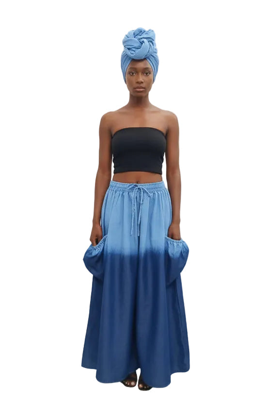 Denim two tone Big Pocket Maxi Skirt