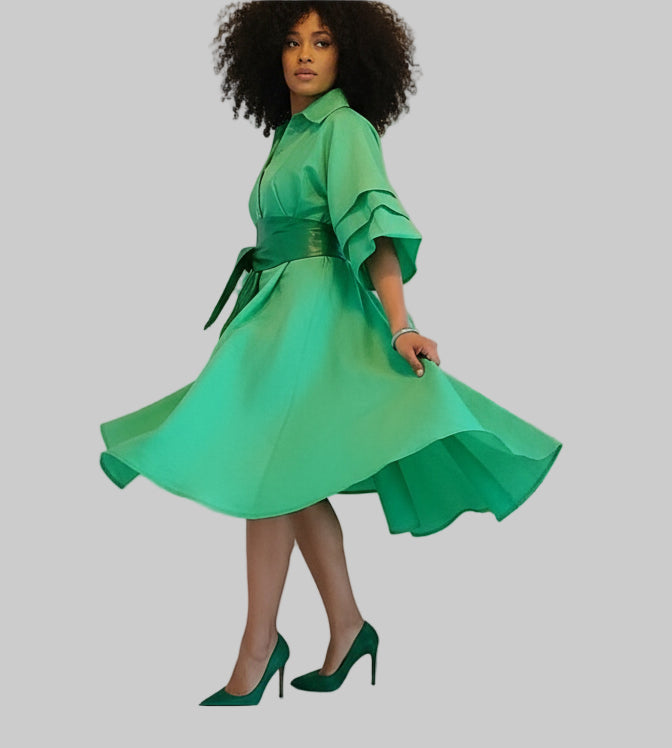 Swing Dress/ Faux Silk/ Ruffle Sleeve - Green
