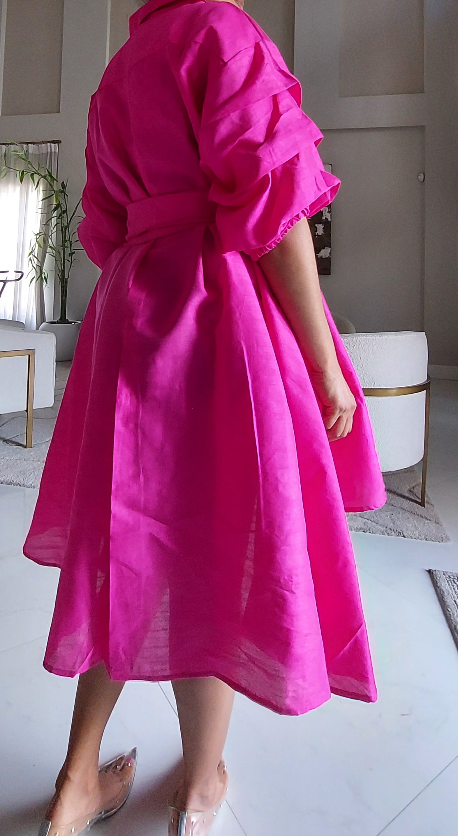 Swing Dress/ Faux Silk/ Ruffle Sleeve - 25013 Bright Pink