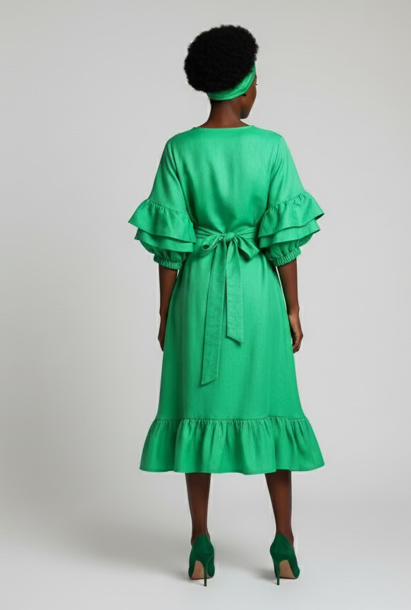 Faux Silk Wrap Dress / Mid Length 25079 Green