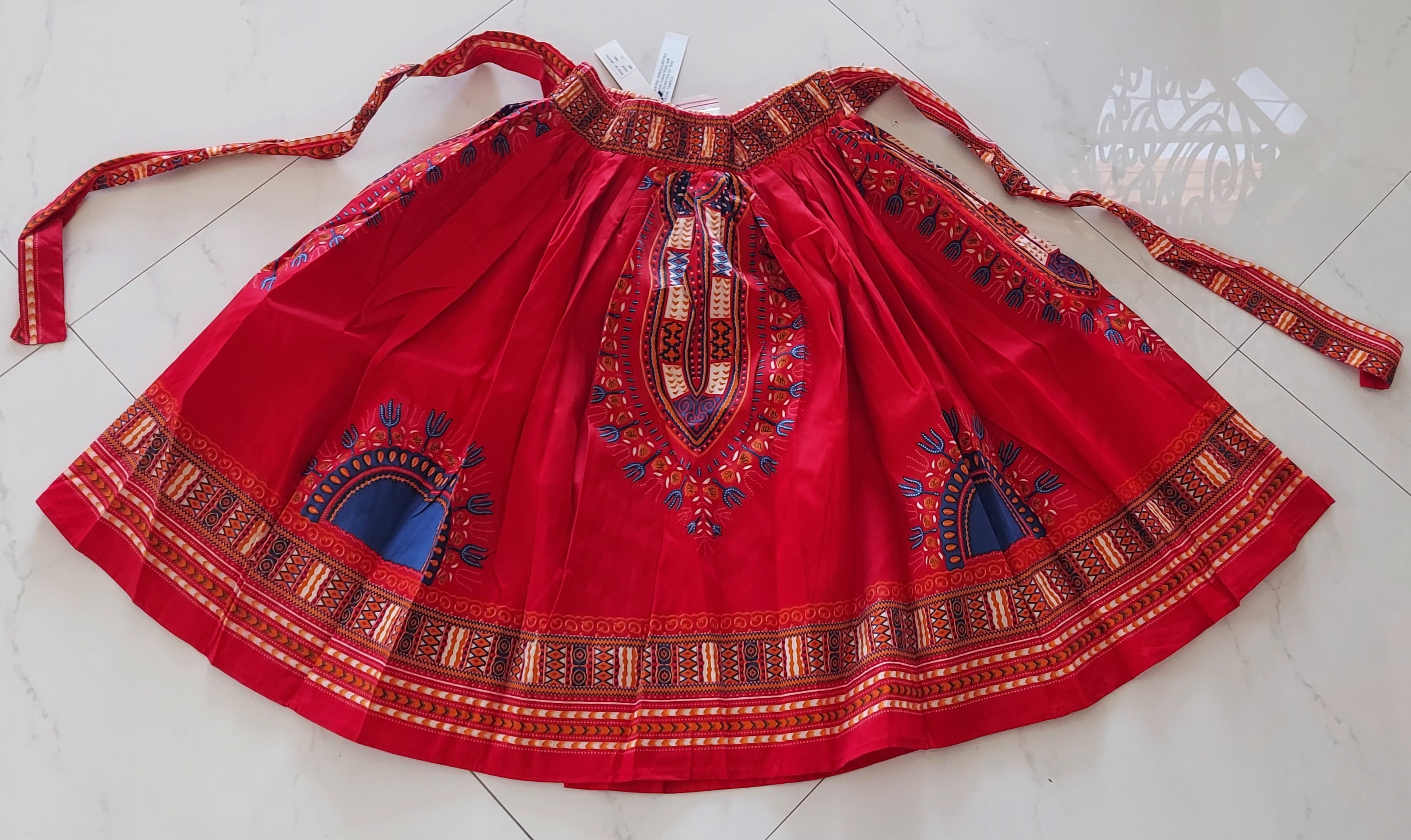 Women Mid Length Flared Skirt - Traditional Dashiki Print  521 Red