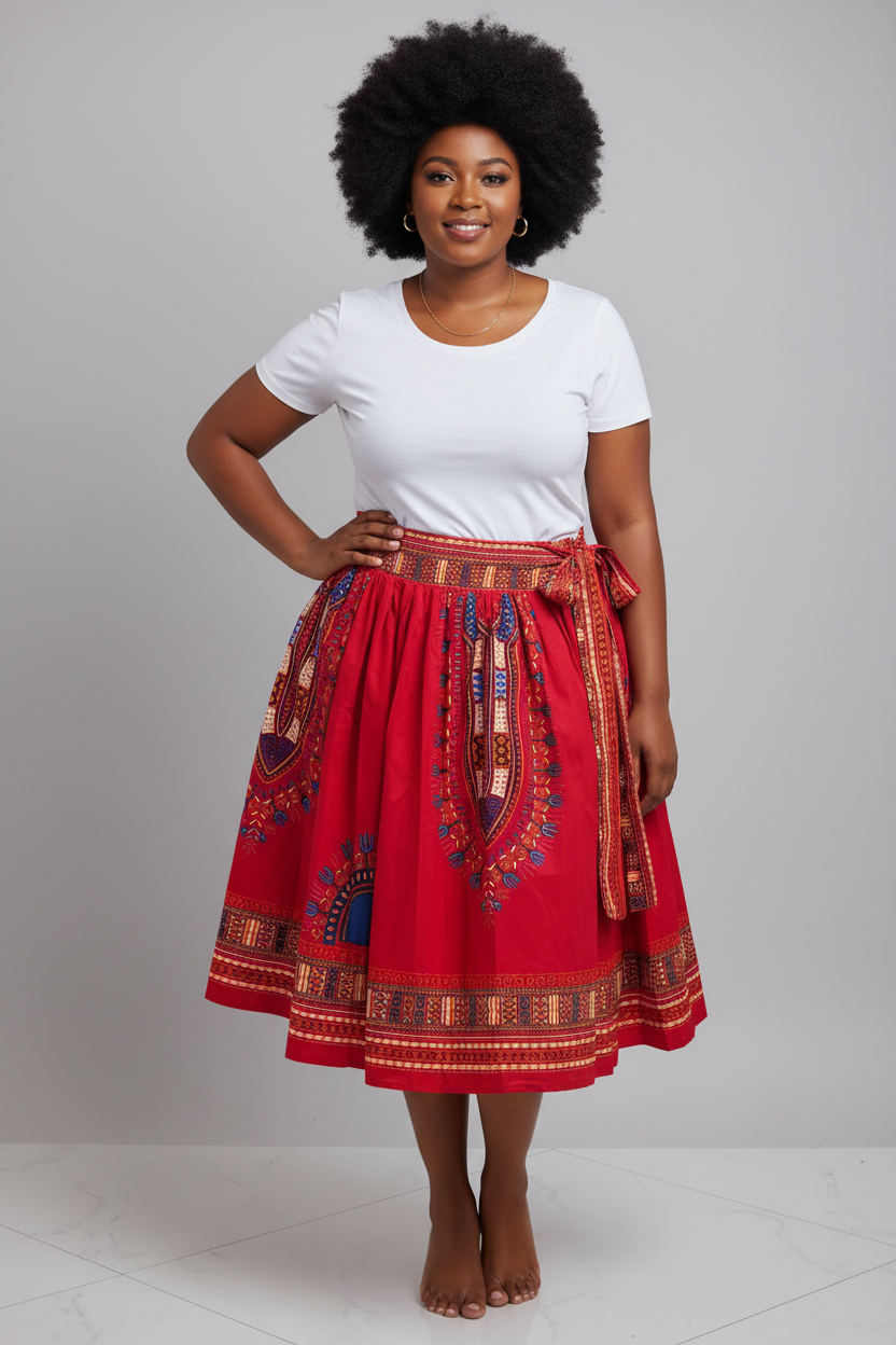 Women Mid Length Flared Skirt - Traditional Dashiki Print  521 Red