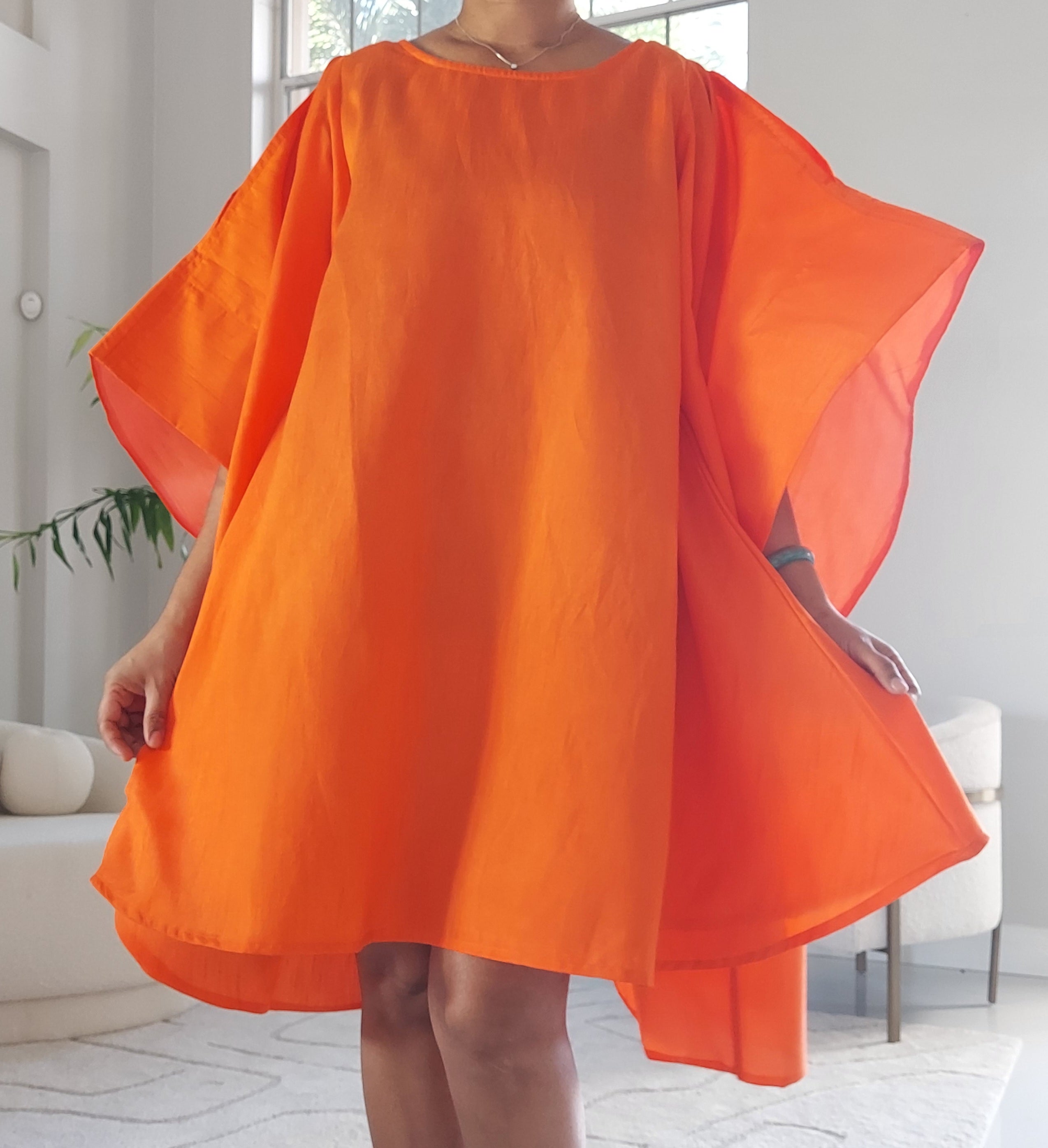 Faux Silk Wing Dress/Poncho Dress/ Wing Sleeves-Orange