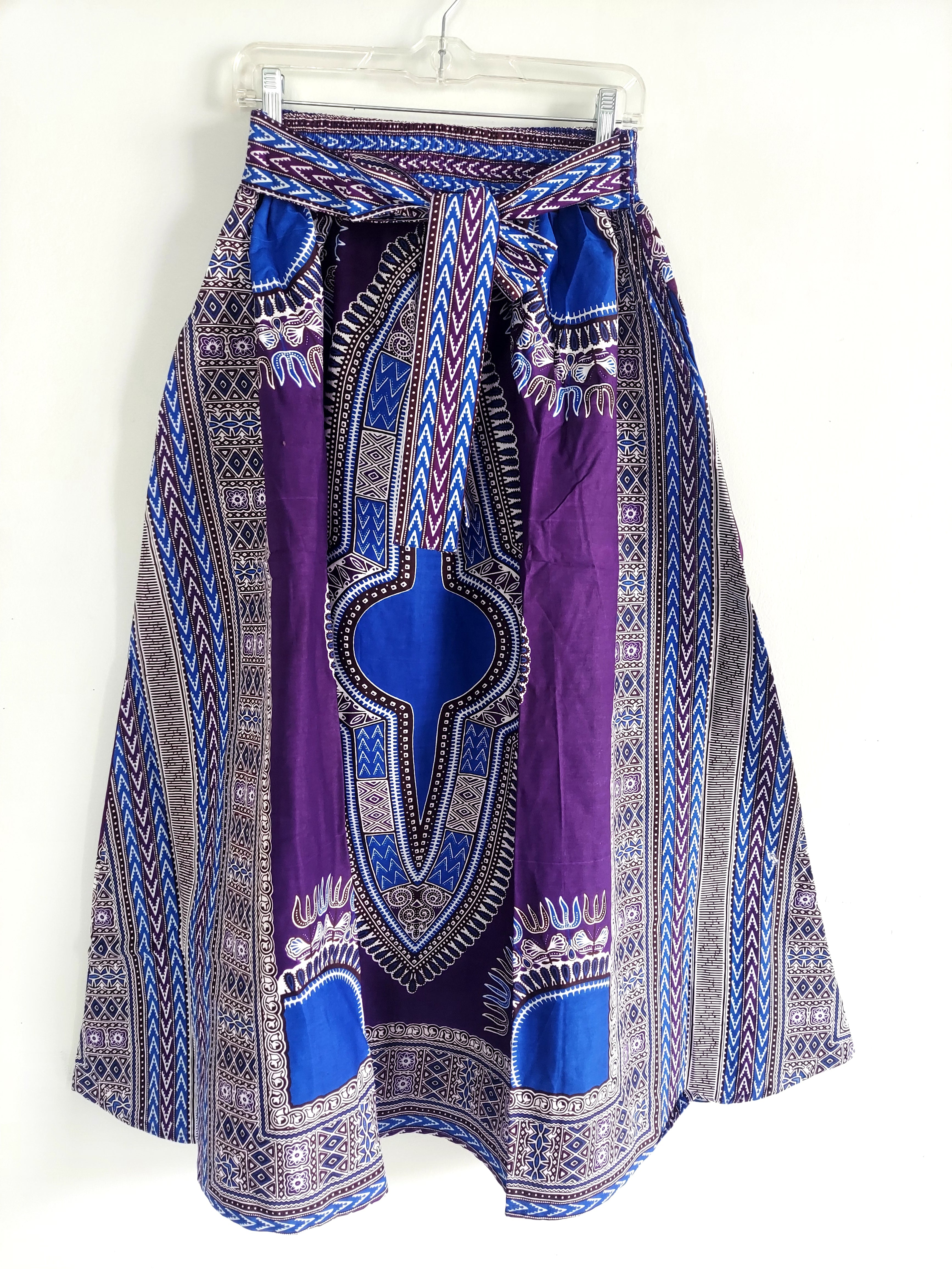 Women Long Dashiki Print Skirt - 6011D Purple/Blue