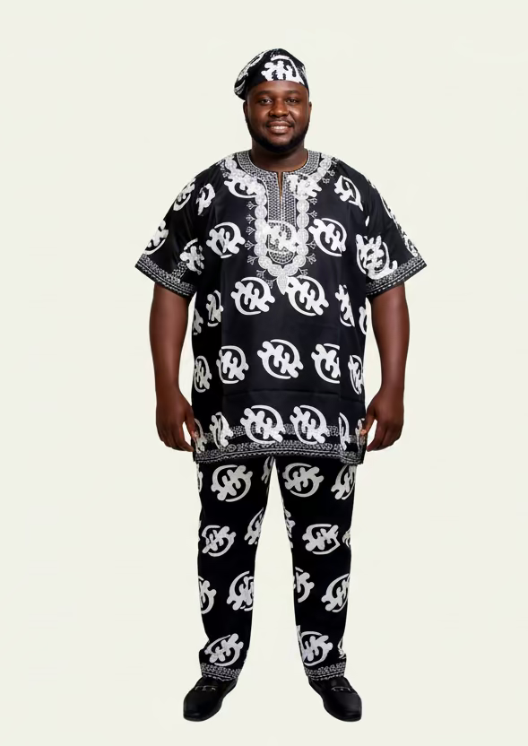 Men's 3Pcs Embroidery Set- Black Gynamee Print