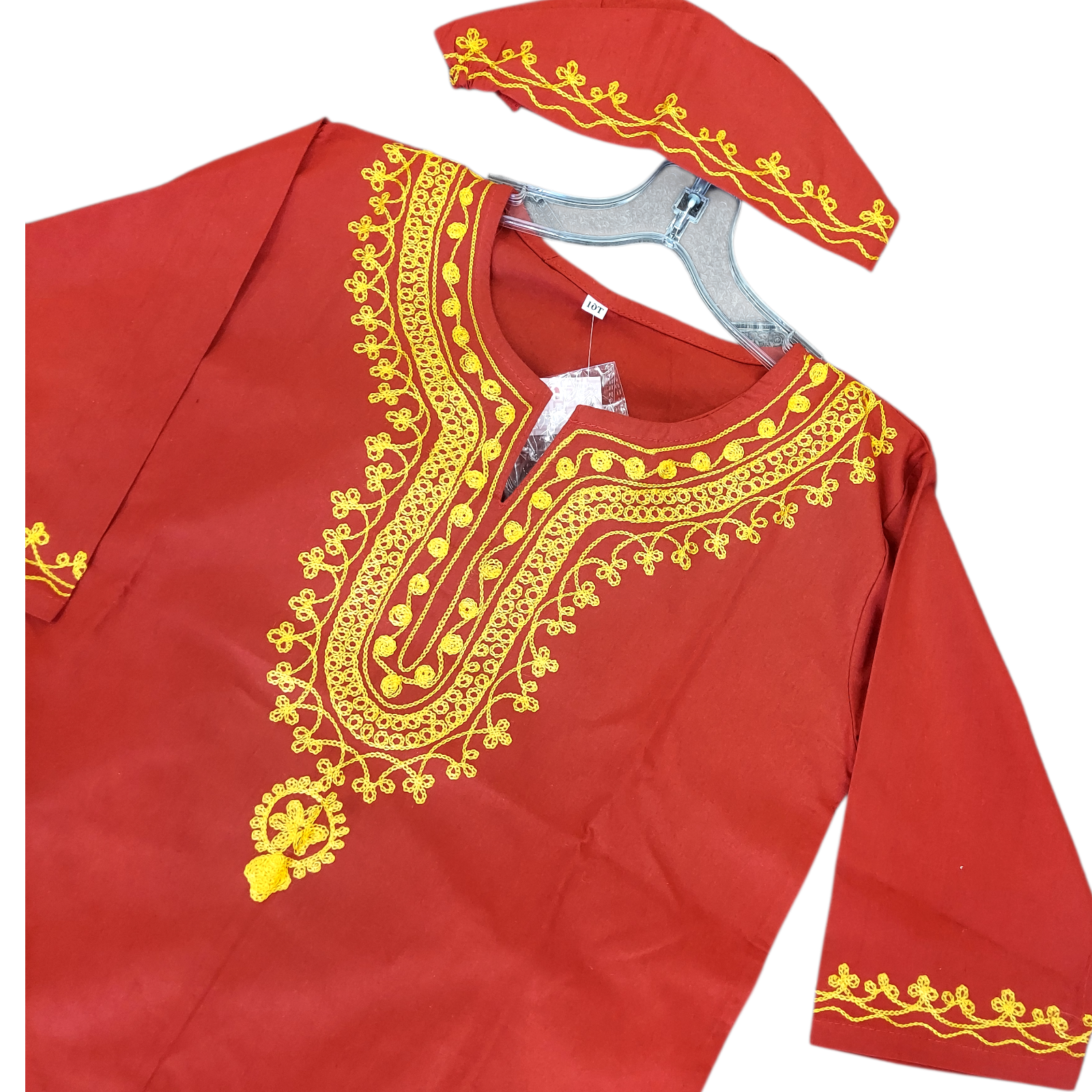 Boys 3 Pcs Embroidery Set/ Pant/Tunic/Kufi Hat 111 Red