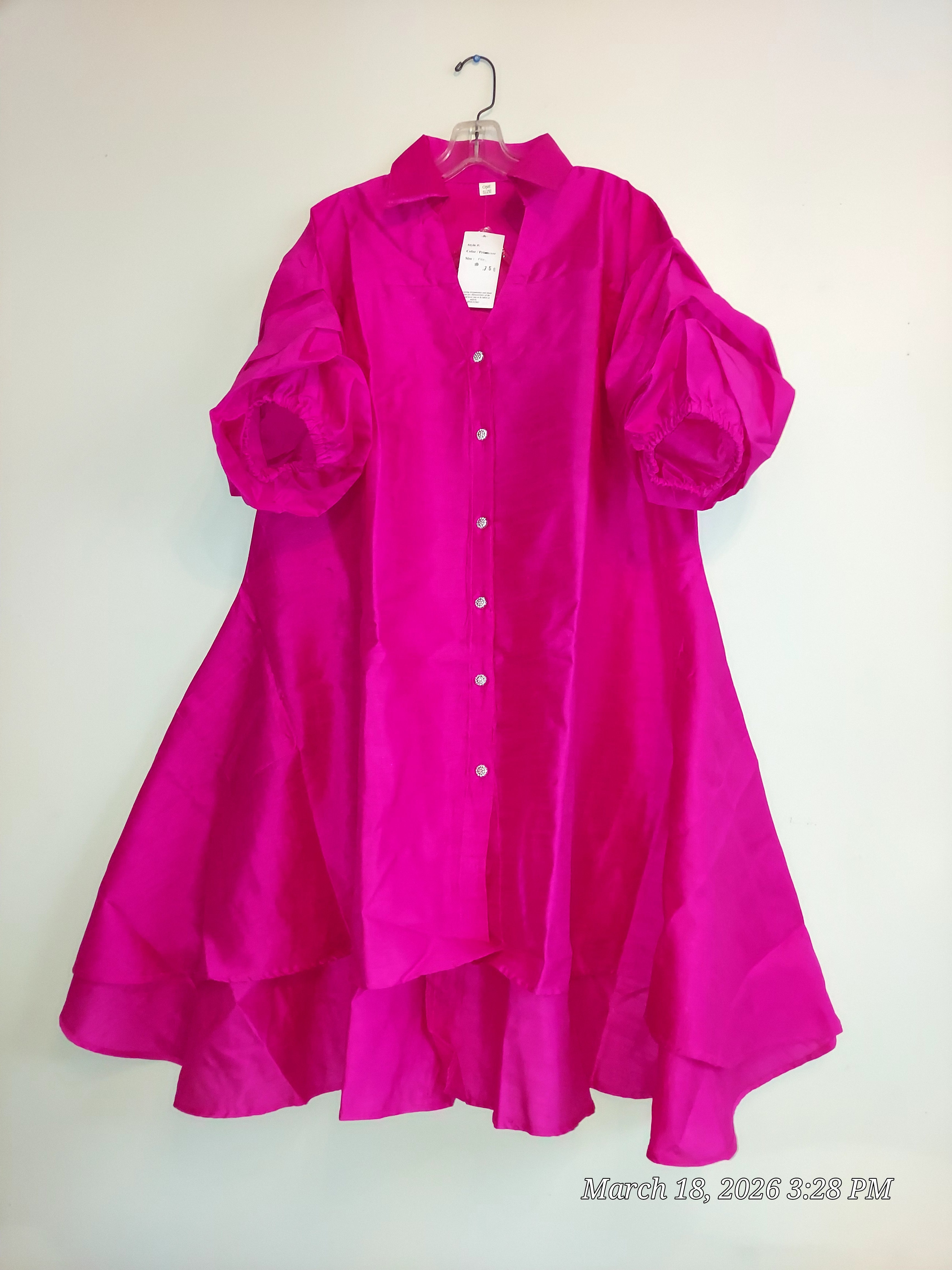 Swing Dress/ Faux Silk/ Ruffle Sleeve - 25013 Bright Pink