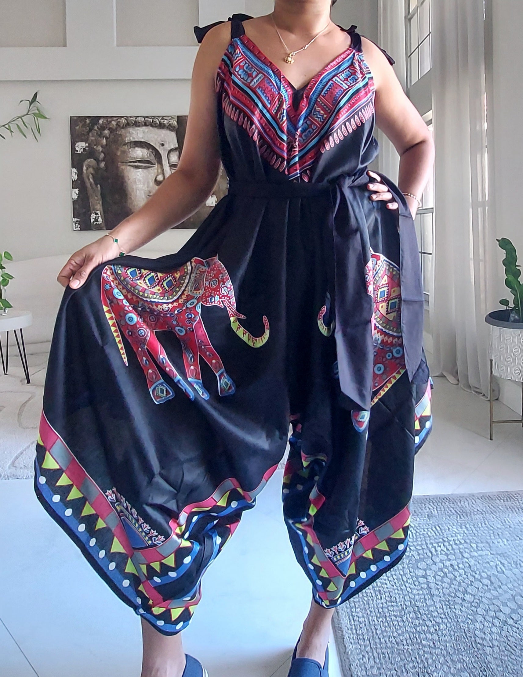 Harem Romper/Jumper Cotton / Elephant Print Red -009