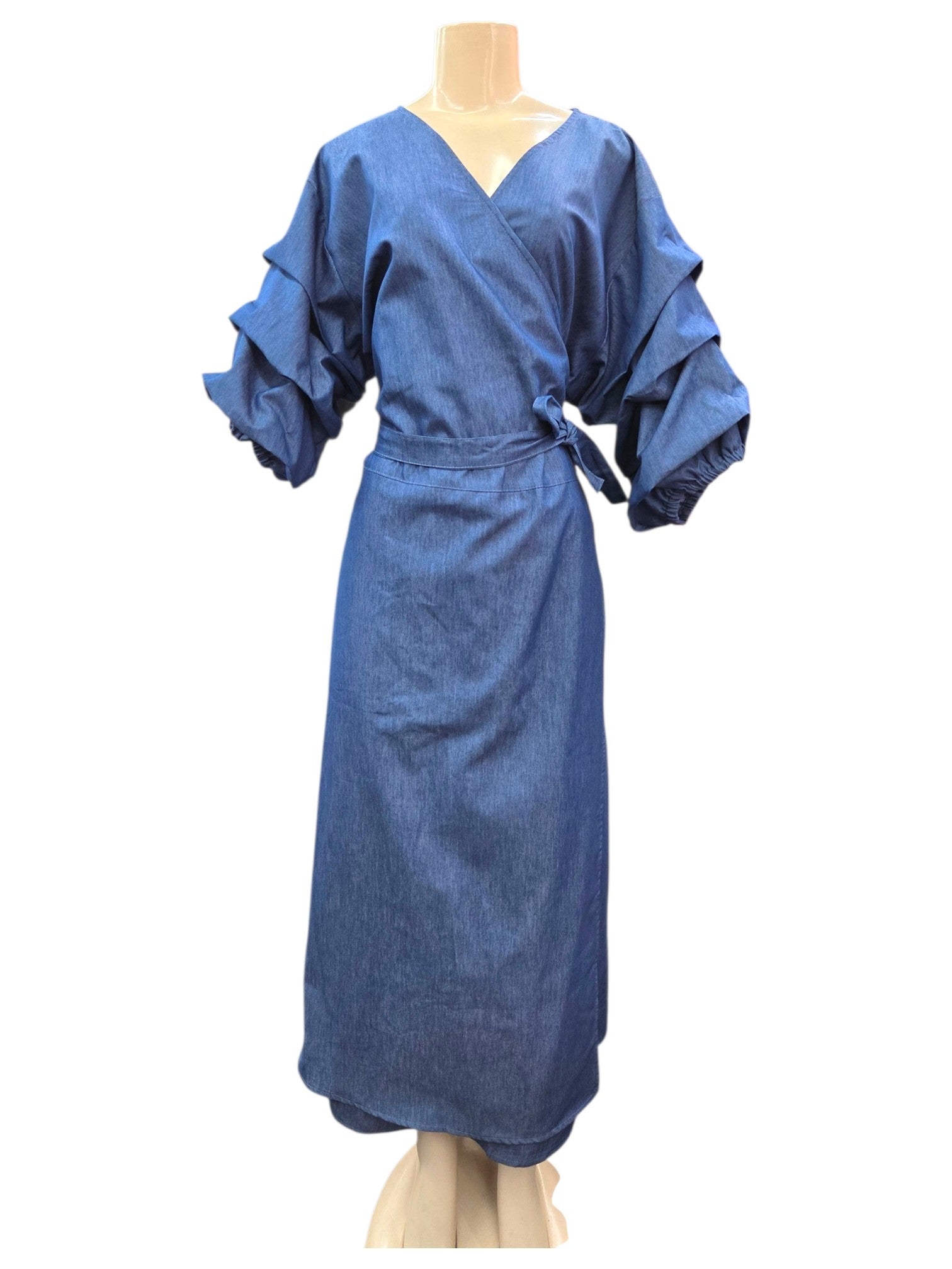 Denim Wrap Dress With Ruffle Sleeve