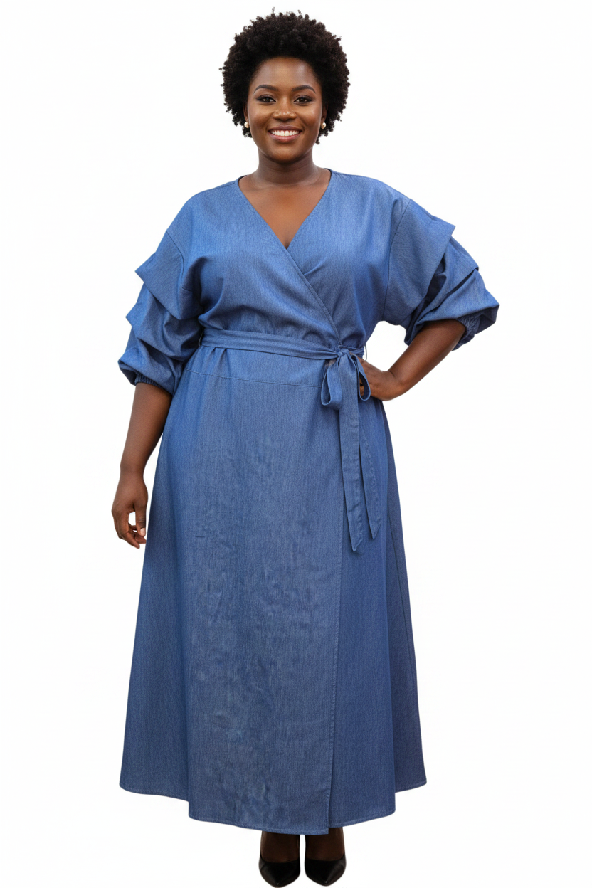 Denim Wrap Dress With Ruffle Sleeve
