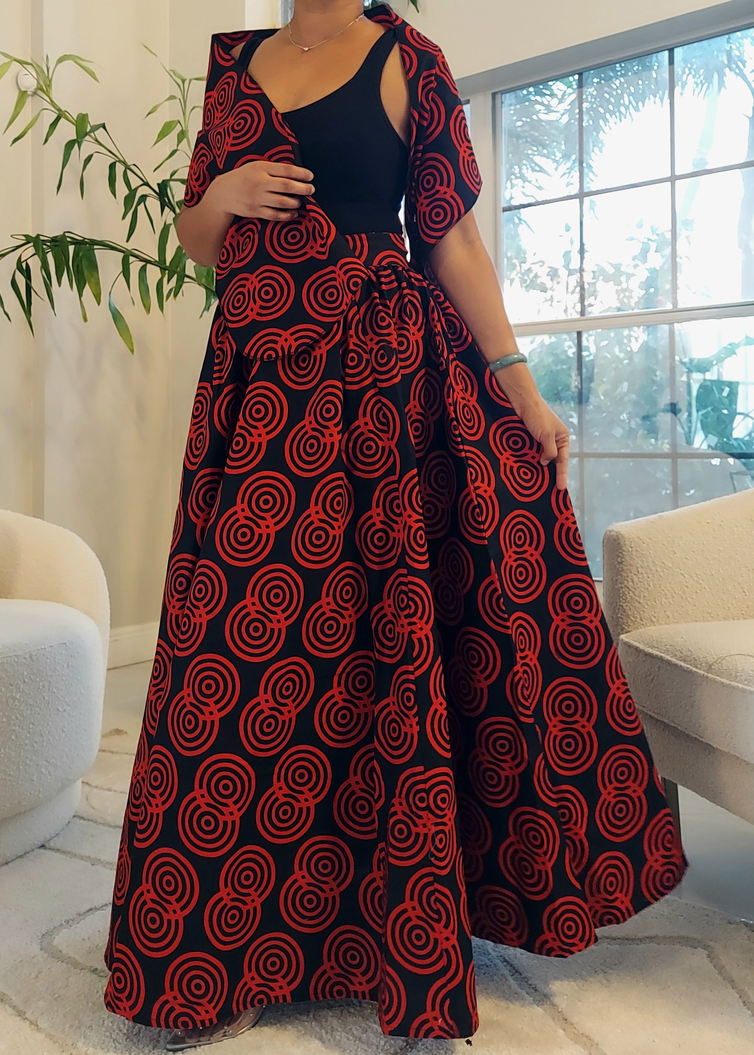 Wrap Blouse & Long Skirt-Red/Black