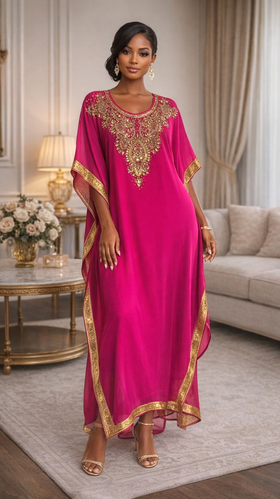 Beaded kaftan Dress With Gold Border