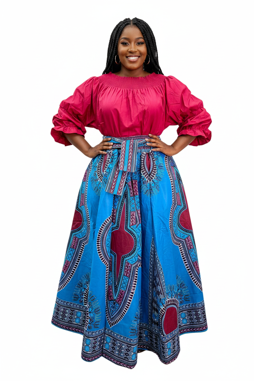 Maxi Skirt AfricanDashiki - Blue /Burgundy 7001
