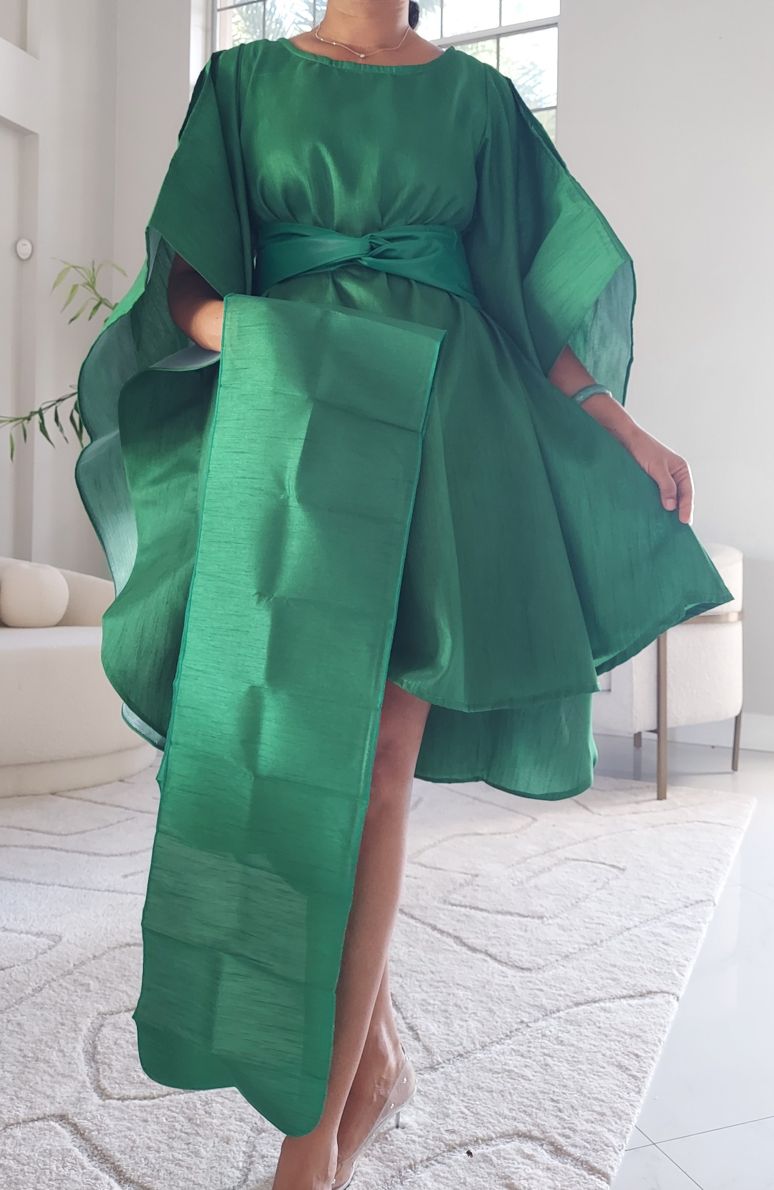Wing Dress/Faux Silk/Poncho Dress/ Wing Sleeves-25032 Green