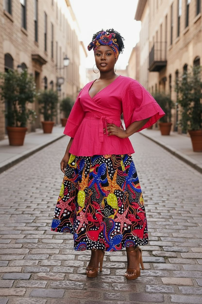 Set / Long Maxi Skirt & wrap Top Set - Print 7001 - 558