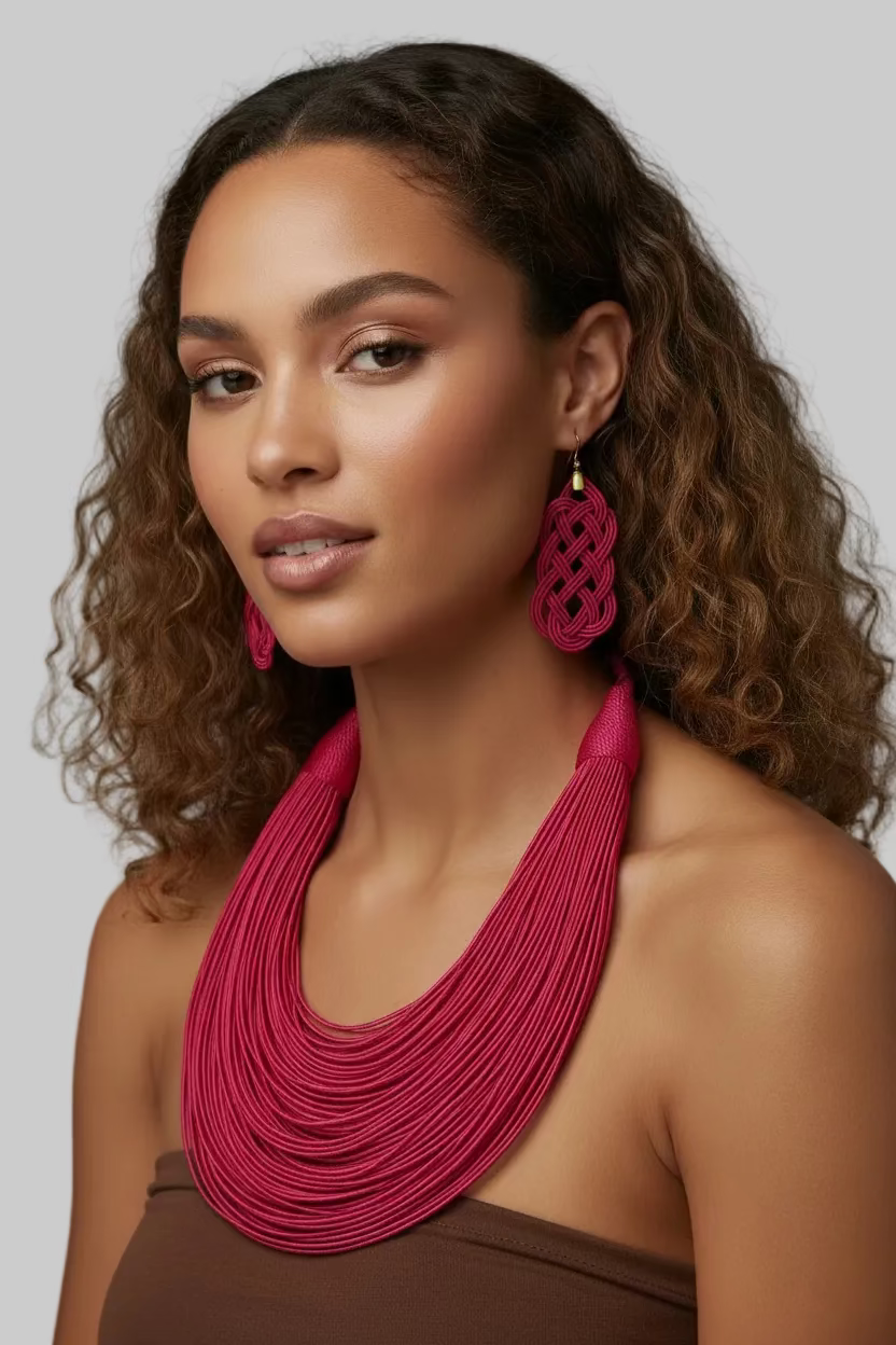 Rope Layered Necklace & Earrings Set Fuchsia