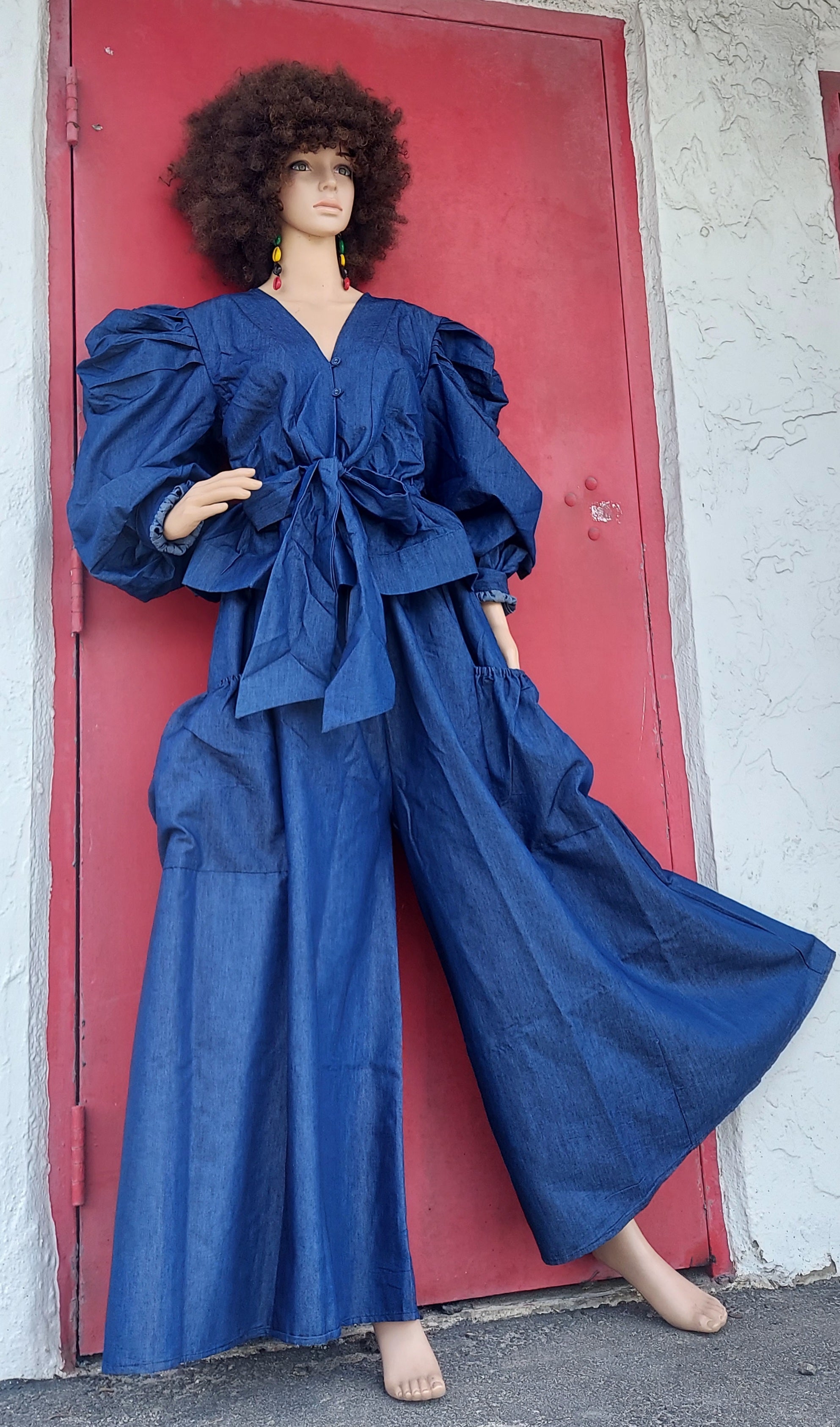 Women Set -  Denim Palazzo  Pant & Top - Indigo Blue