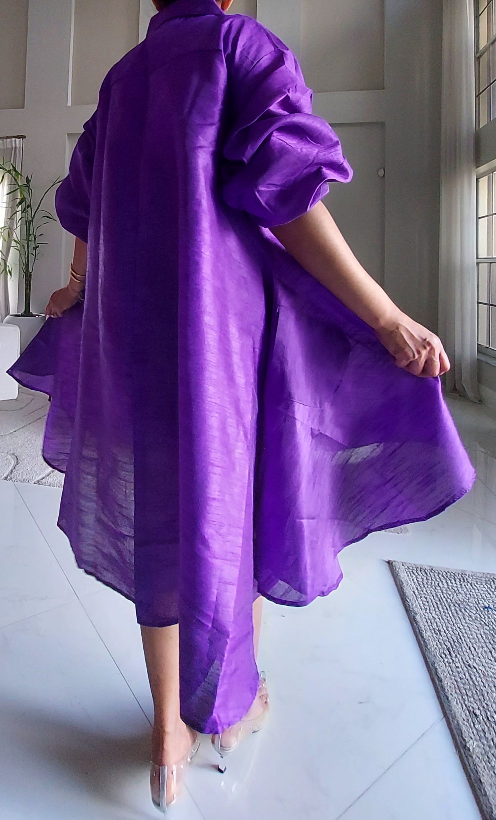 Swing Dress/ Faux Silk/ Ruffle Sleeve - Purple
