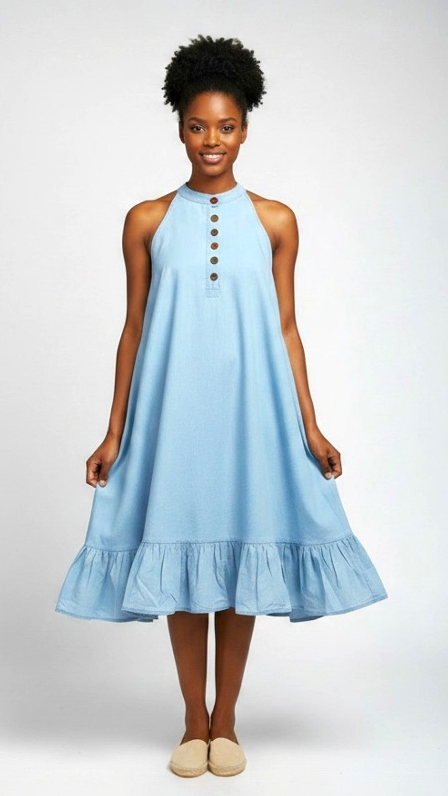 Haltered Neck Bottton Middi Dress 796 Light Denim