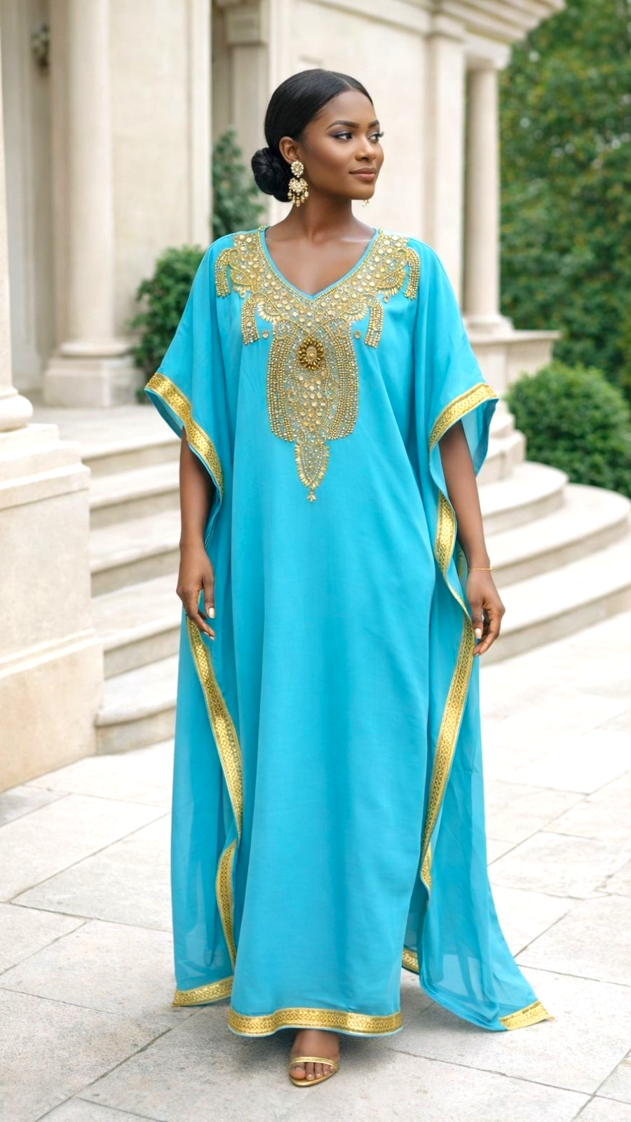 Beaded kaftan Dress & Scarf Set Baby Blue
