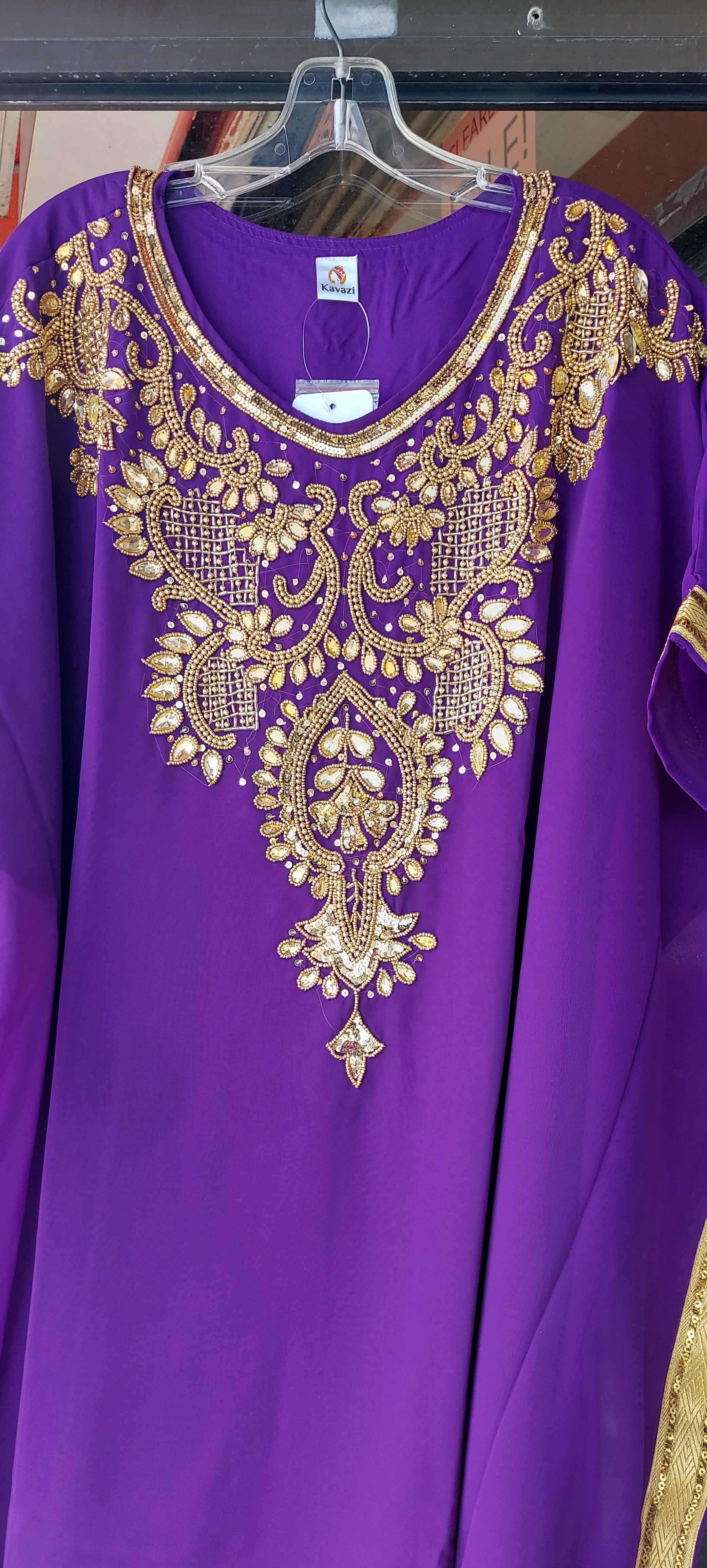 Beaded kaftan Dress With Gold Border Purple 103