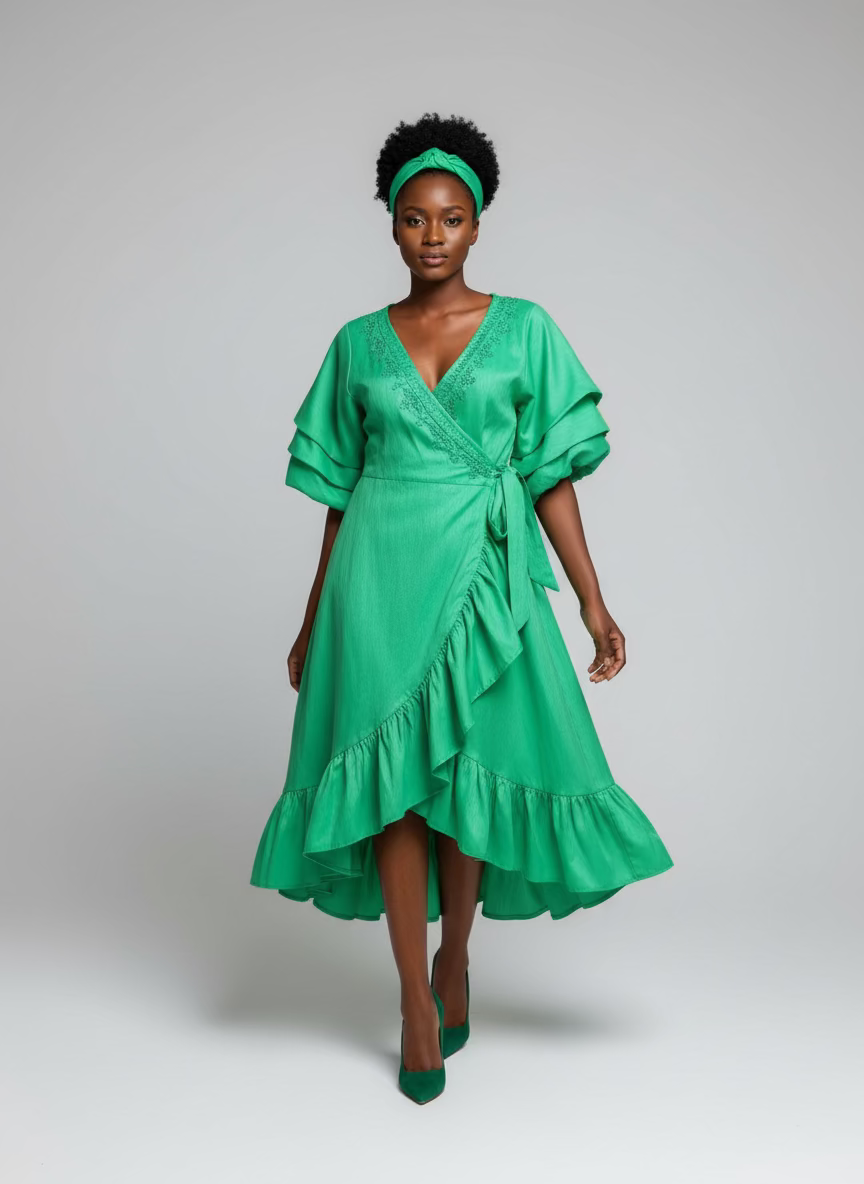 Faux Silk Wrap Dress / Mid Length 25079 Green