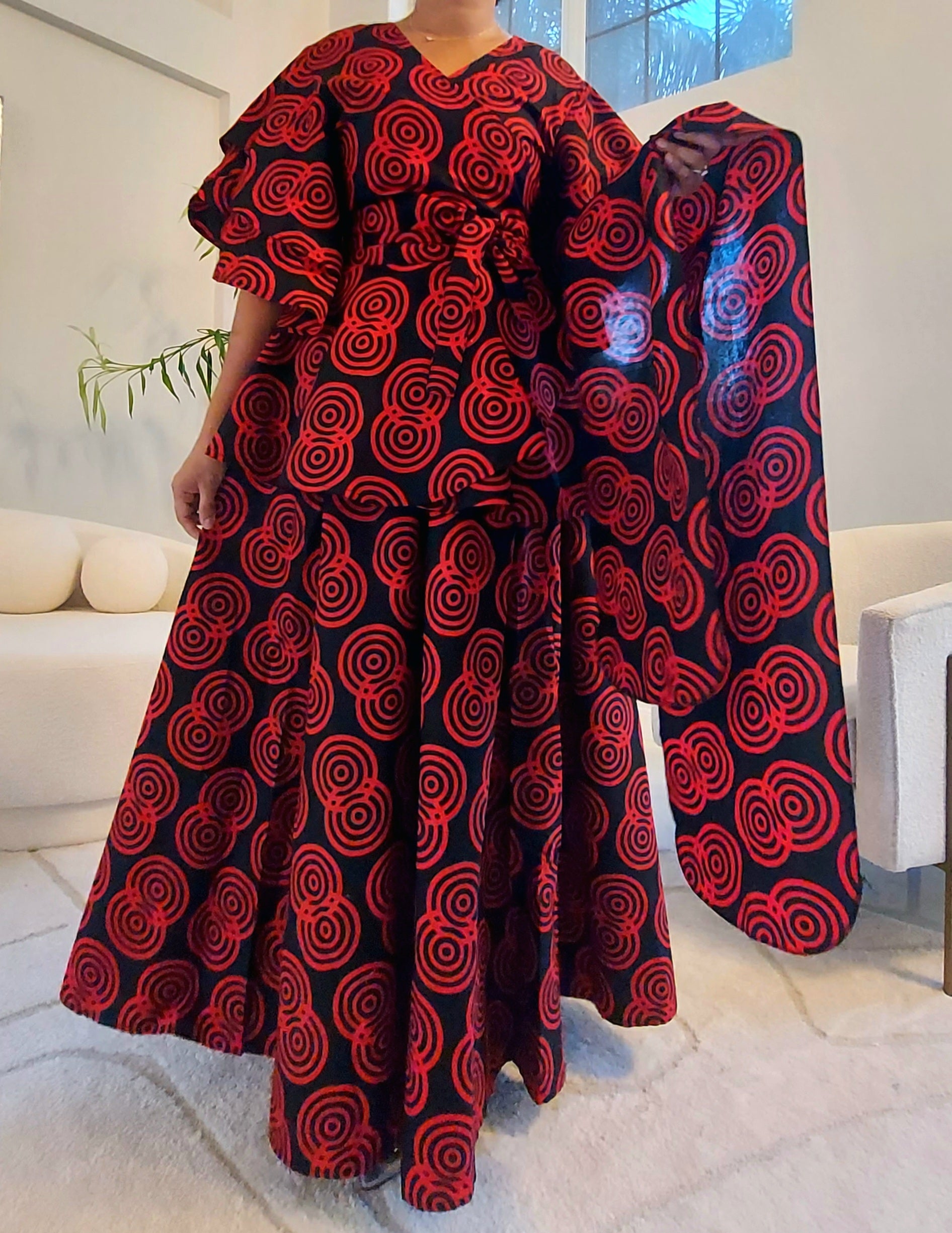 Wrap Blouse & Long Skirt-Red/Black