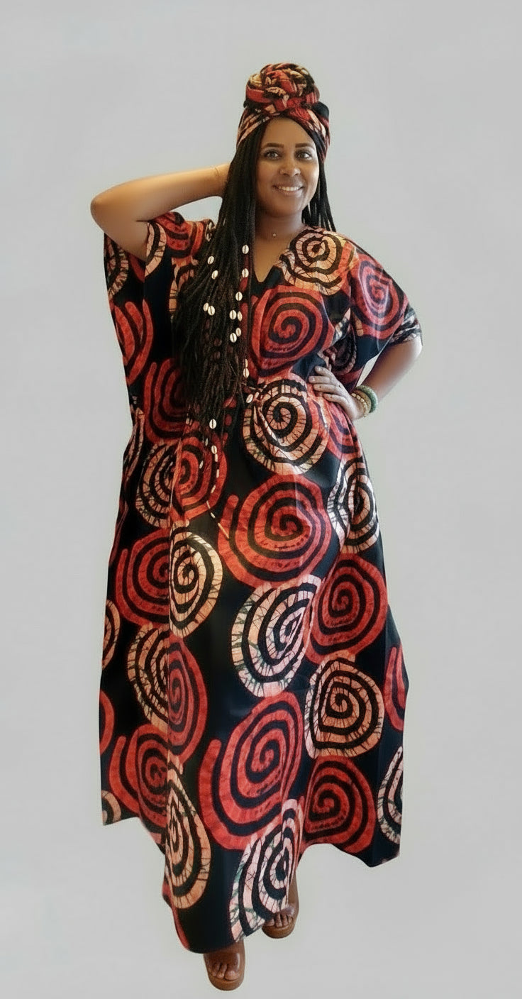 Cotton Ankara Print Kaftan Dress - 9000 Red