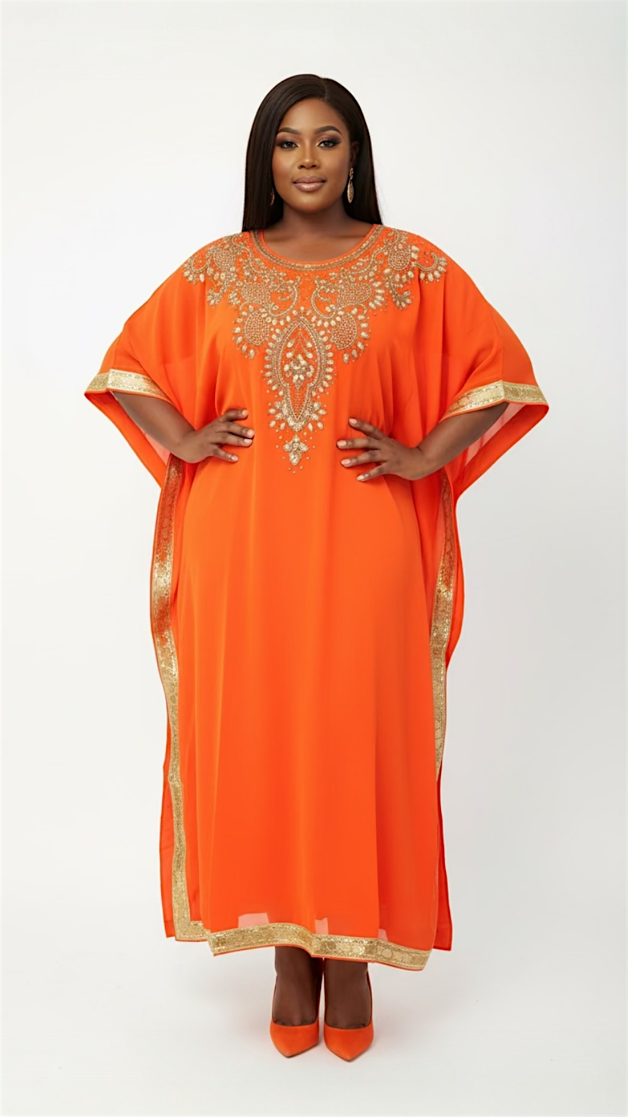 Beaded kaftan Dress With Gold Border