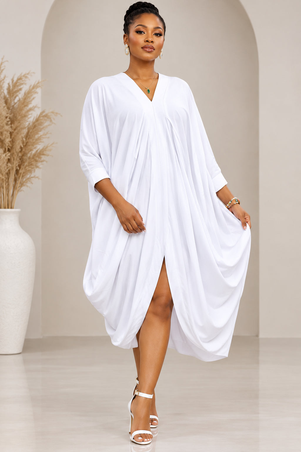 White Jersey Caftan Dress | Pleated V-Neck Resort Bubu AA18809