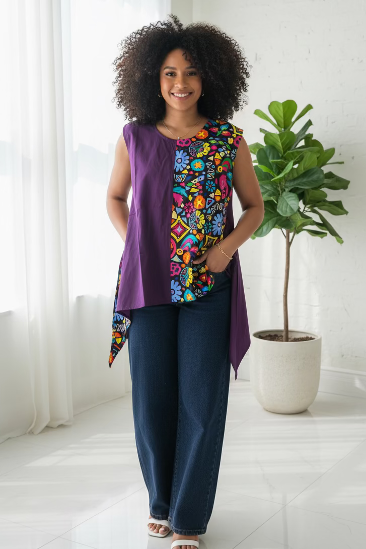 Maya Split-Design Cotton Tunic – Colorful Abstract - 7222