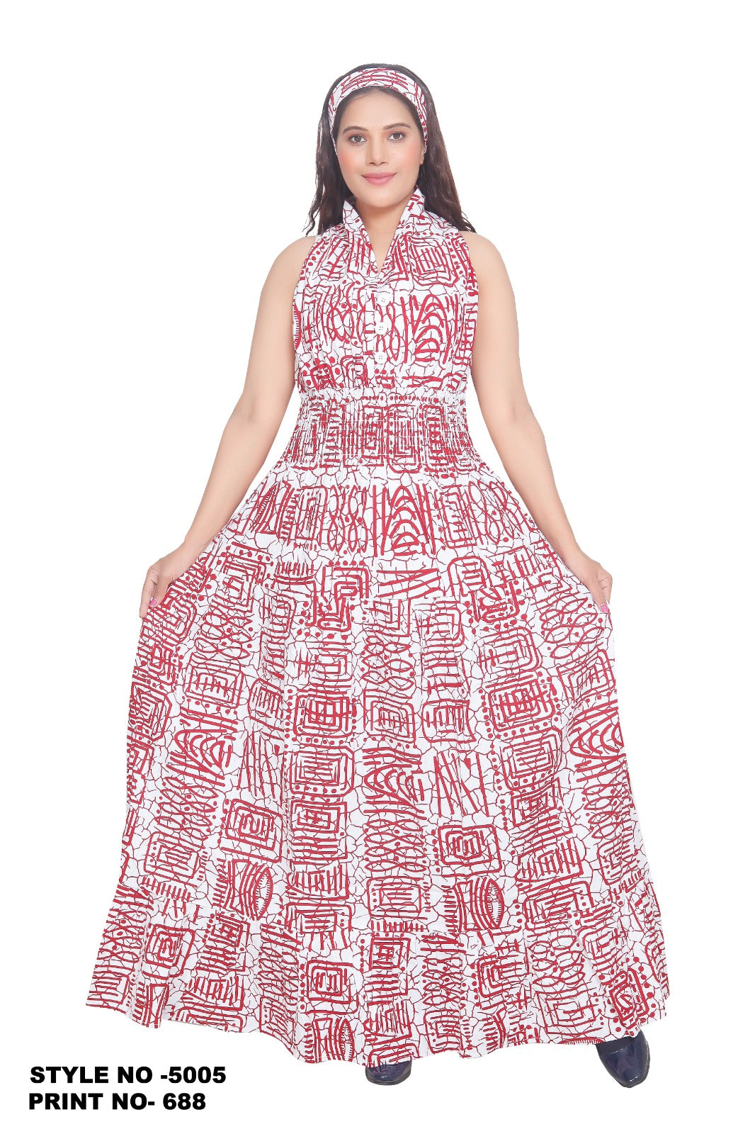 Long Smocked Dress With Scarf 5005 - 688