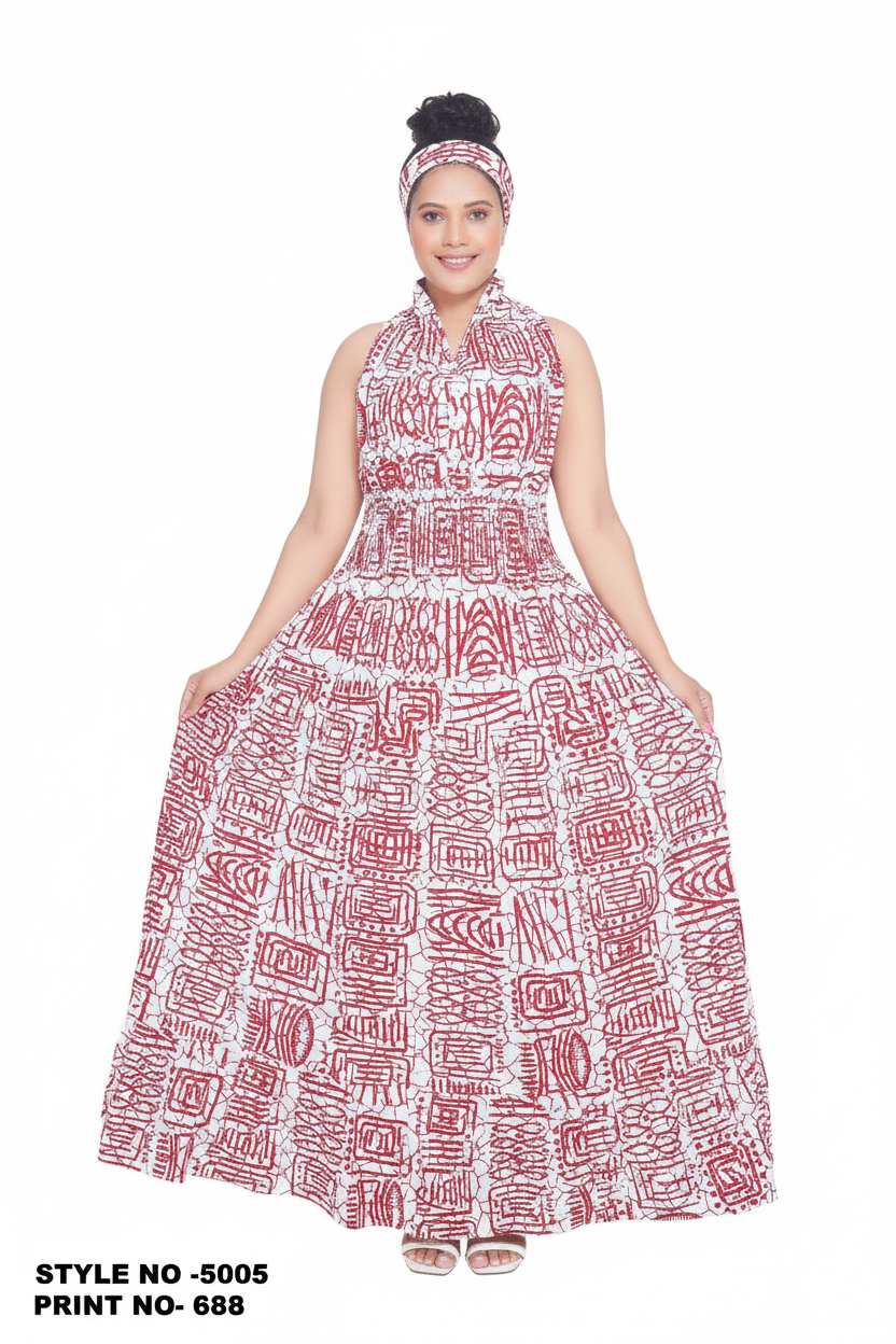 Long Smocked Dress With Scarf 5005 - 688