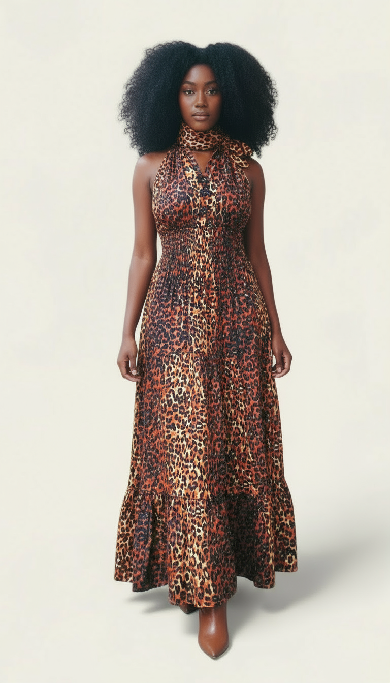 Smocked Halter Dress With Scarf Brown Animal- 3028L