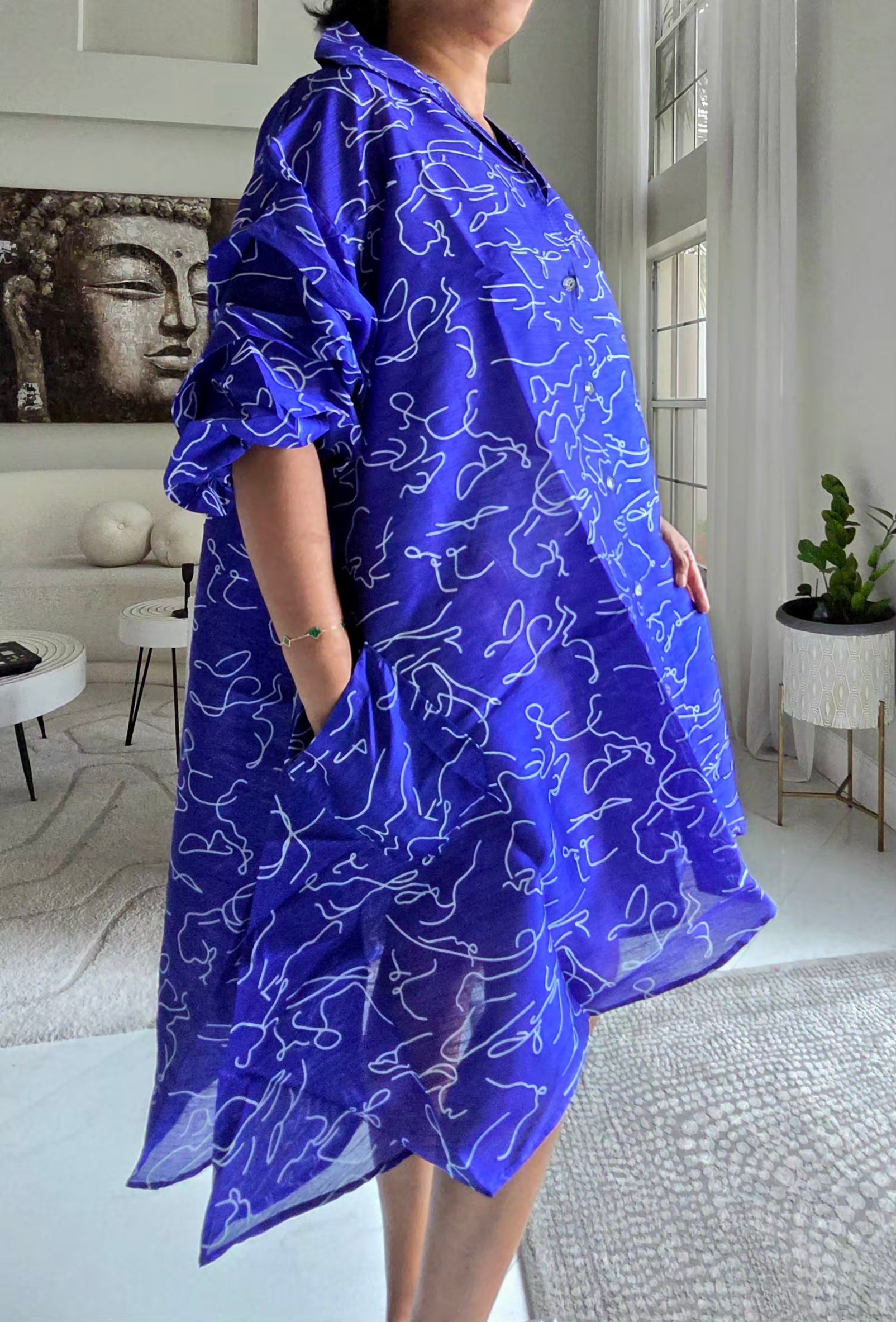 IB25013 - Swing Dress/ Faux Silk / Blue-White 758