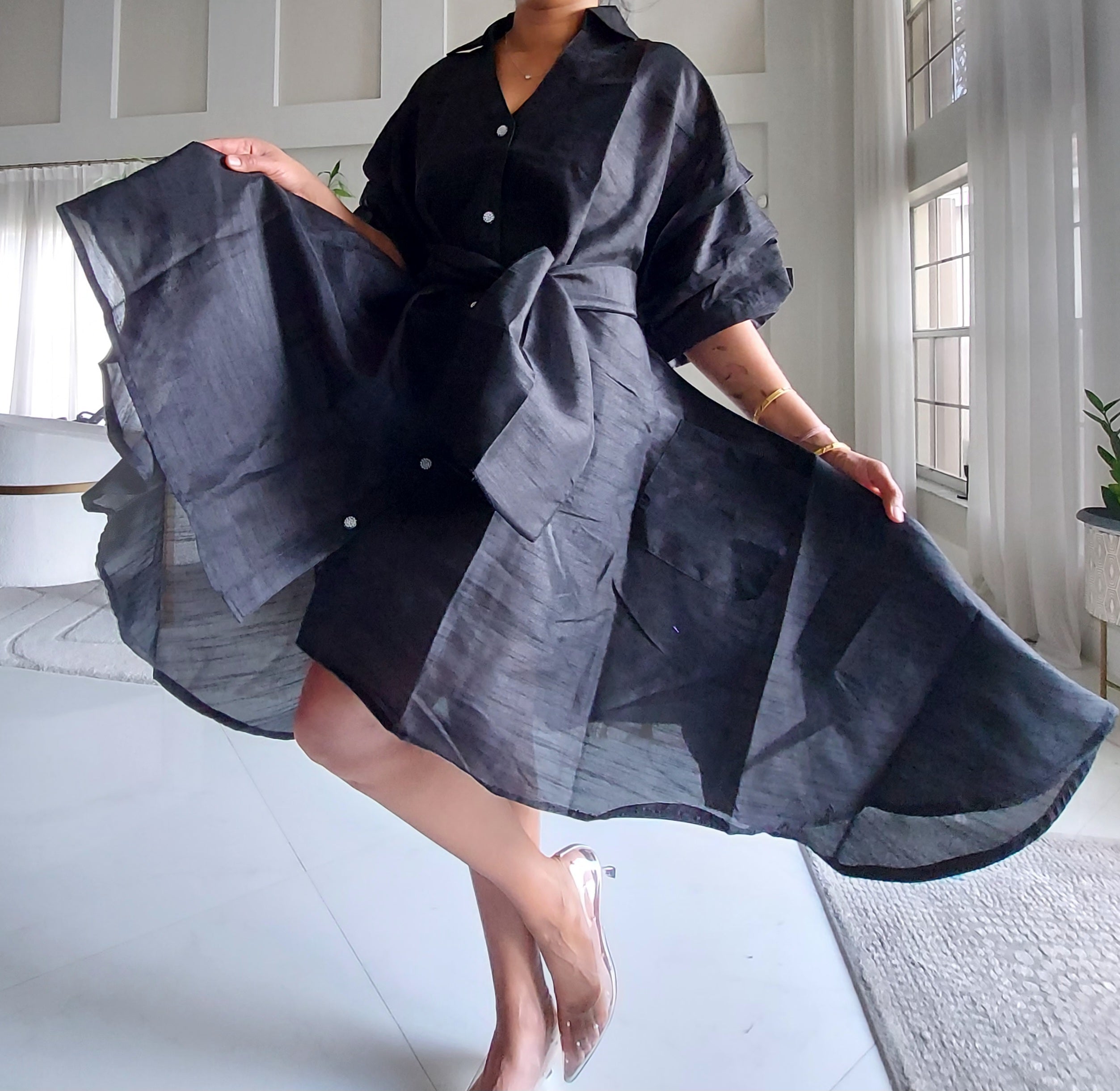 Swing Dress/ Faux Silk/ Ruffle Sleeve - 758 Black