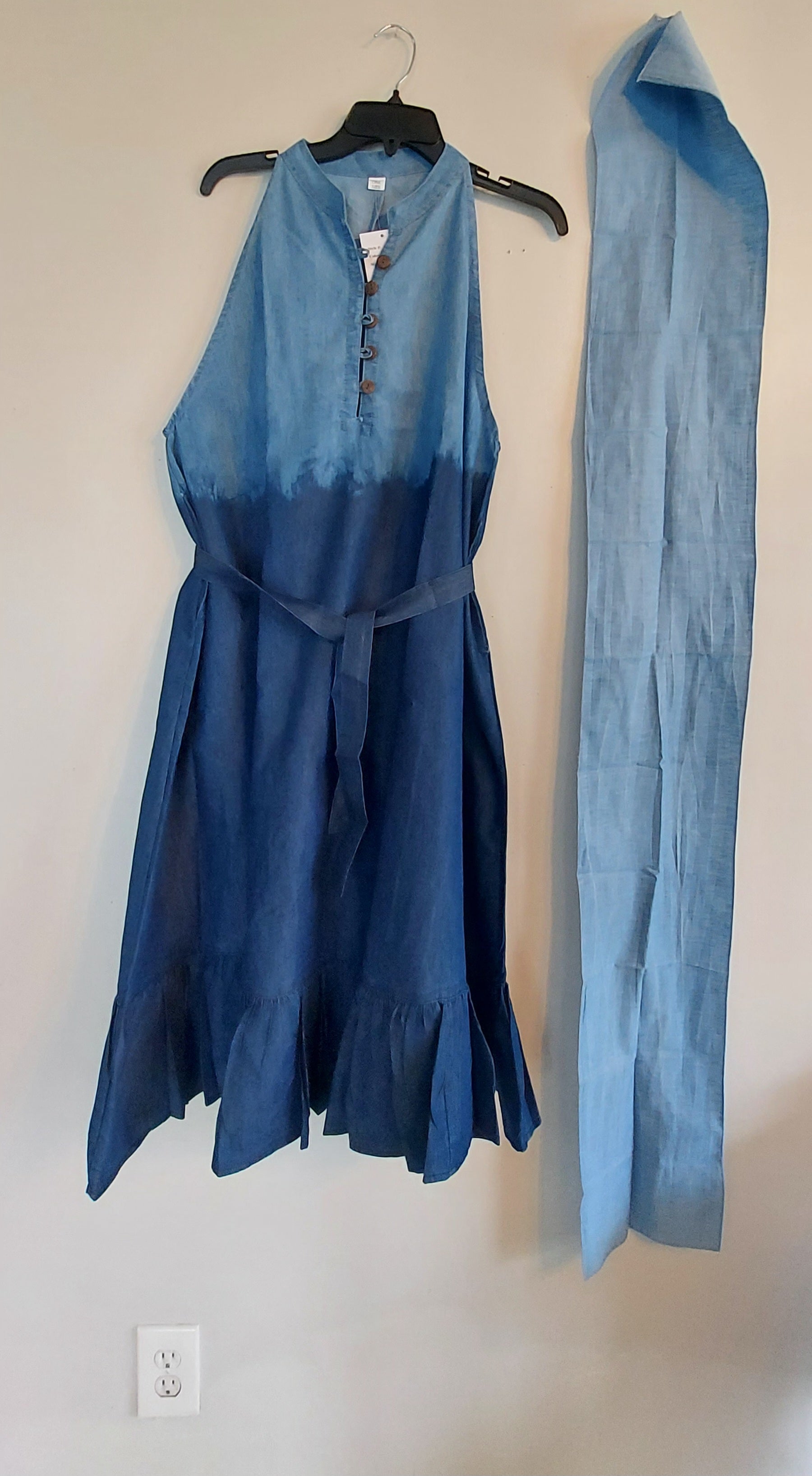 Haltered Neck Bottton Middi Dress 796 Two Tone  Denim