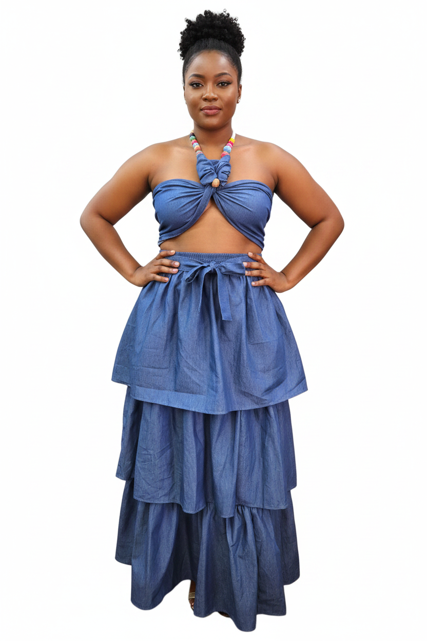 Woman 3 Tiered Flounce Denim Skirt S4