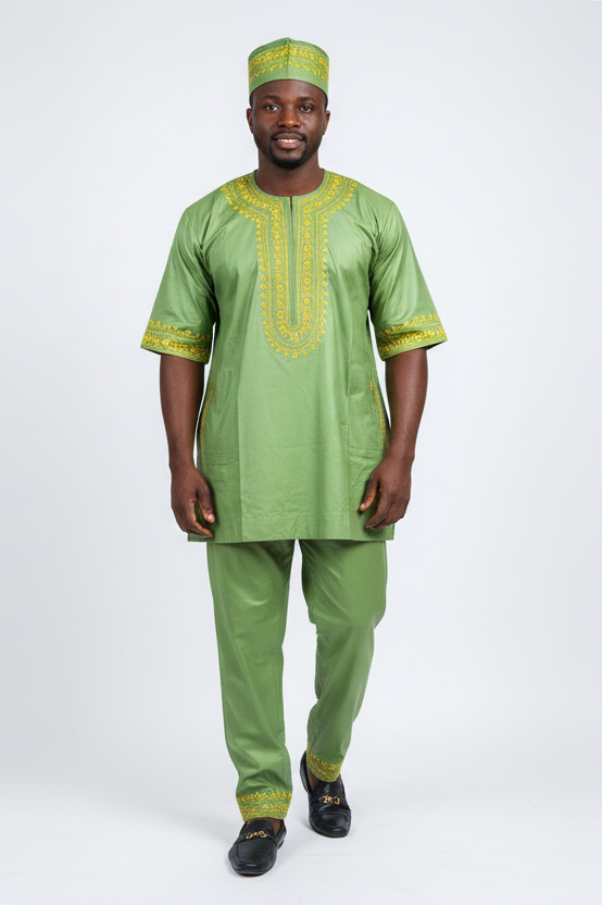 Men’s 3-Piece Embroidered Traditional Set – Kufi Hat, Tunic Shirt & Long Pant 764 Green