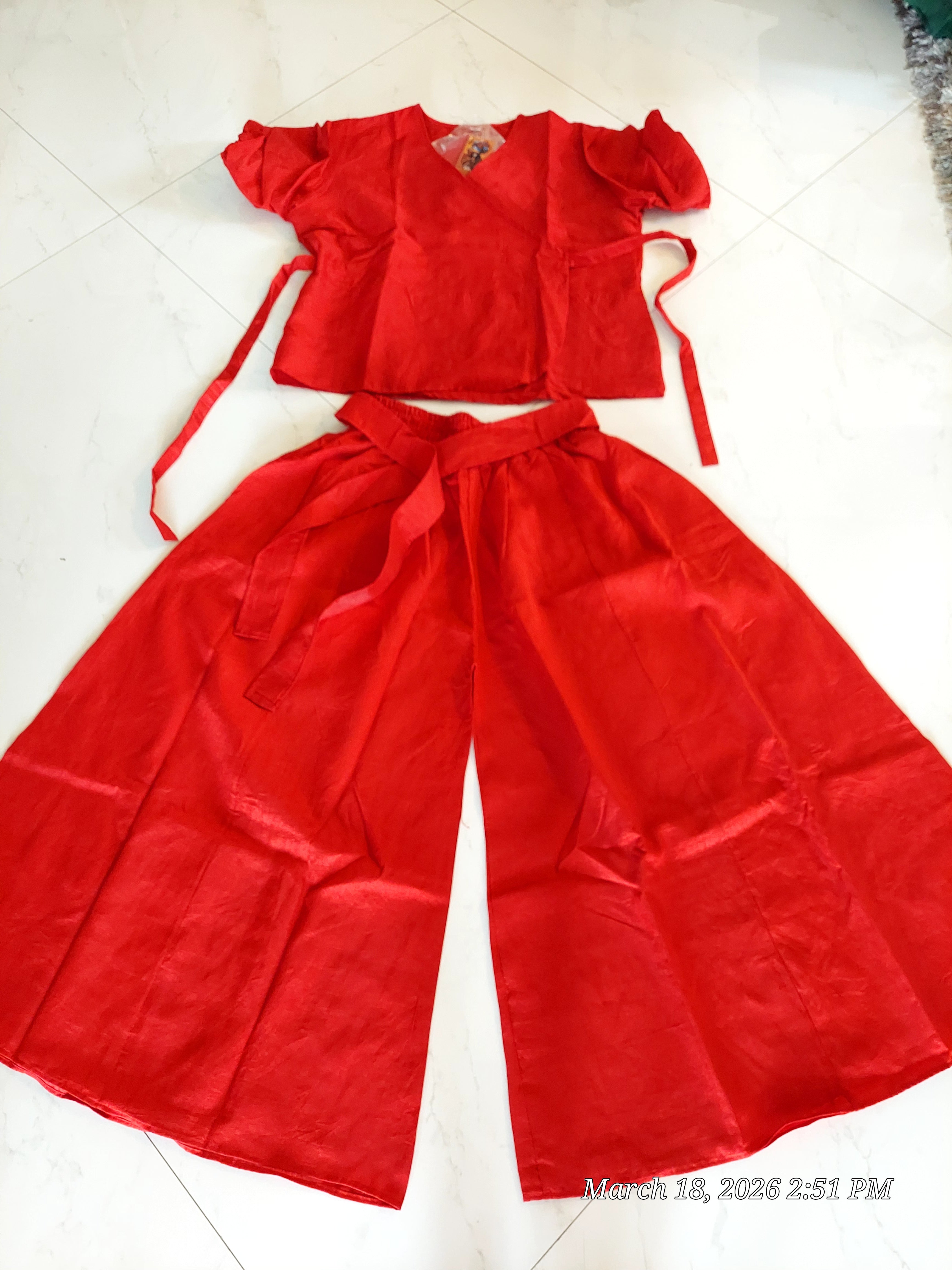 Faux Silk Palazzo Pant Set - Red 4196