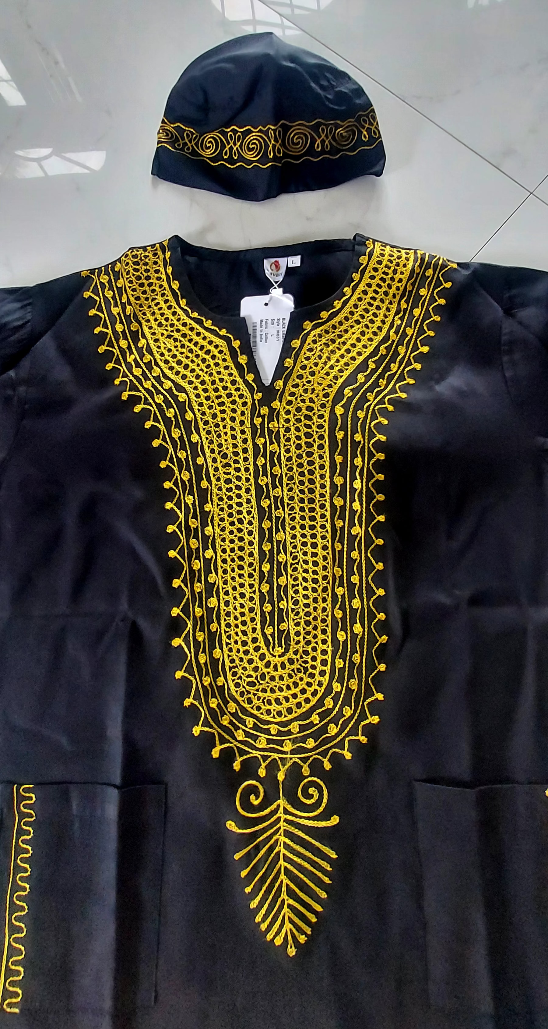 M031 Unisex kurta Embroidery Top  With Kufi Hat - Black