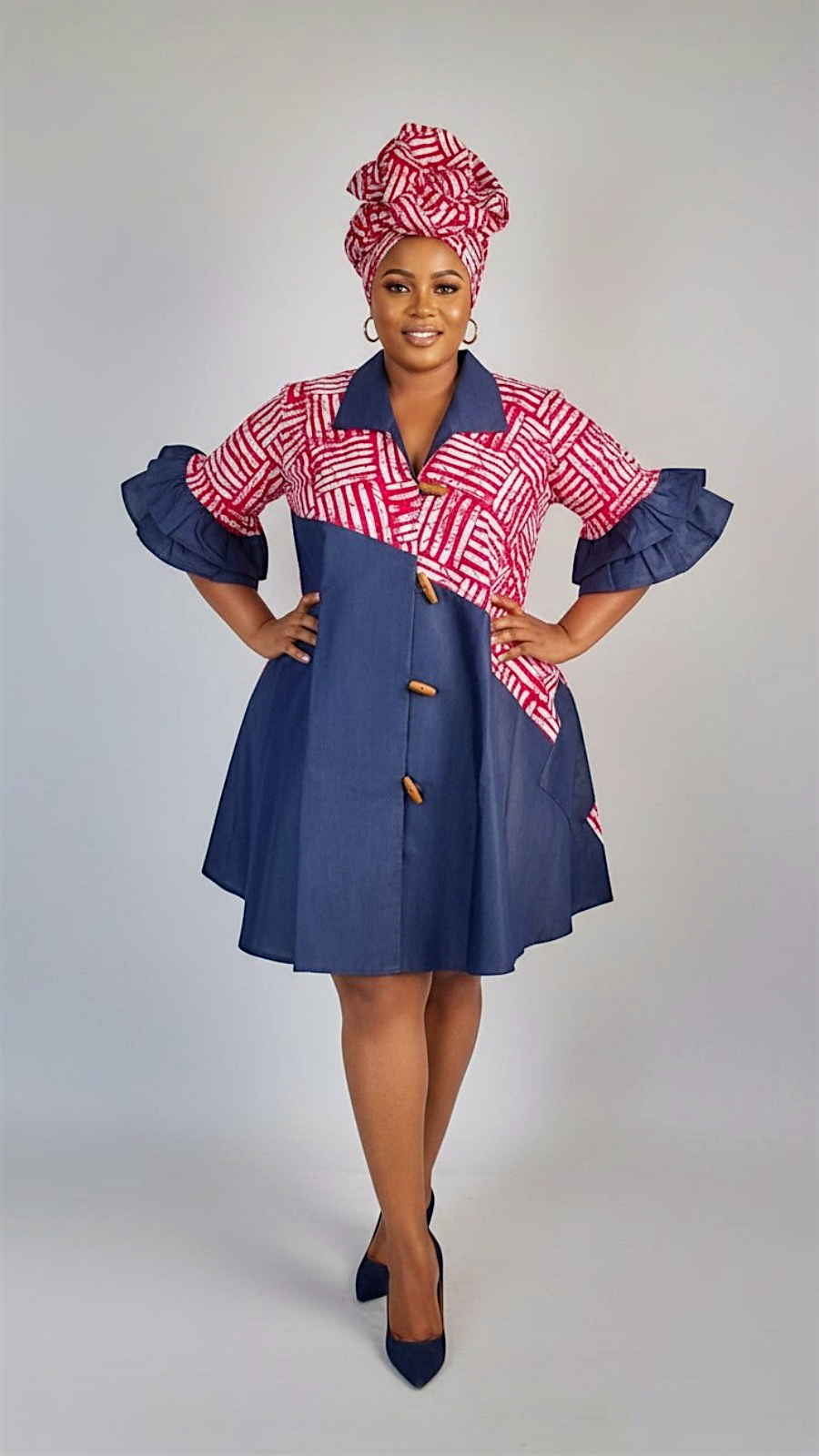 Denim Shirt Dress with Ankara African Print 3139-L