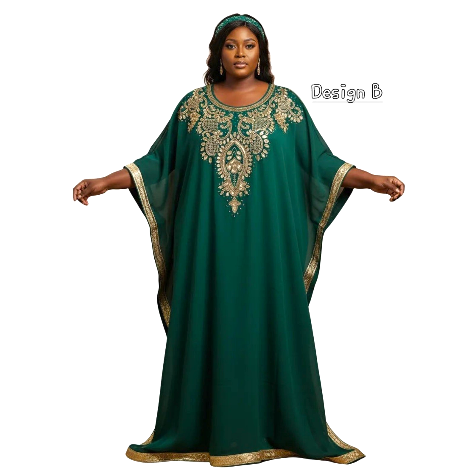 Beaded kaftan Dress With Gold Border Forest Green 103