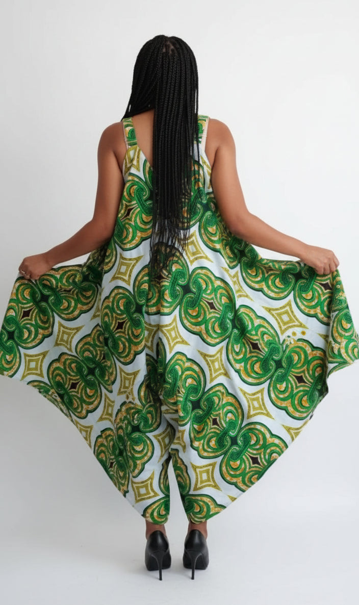 Harem Romper/Spagetti Straps/ Printed-Green/White