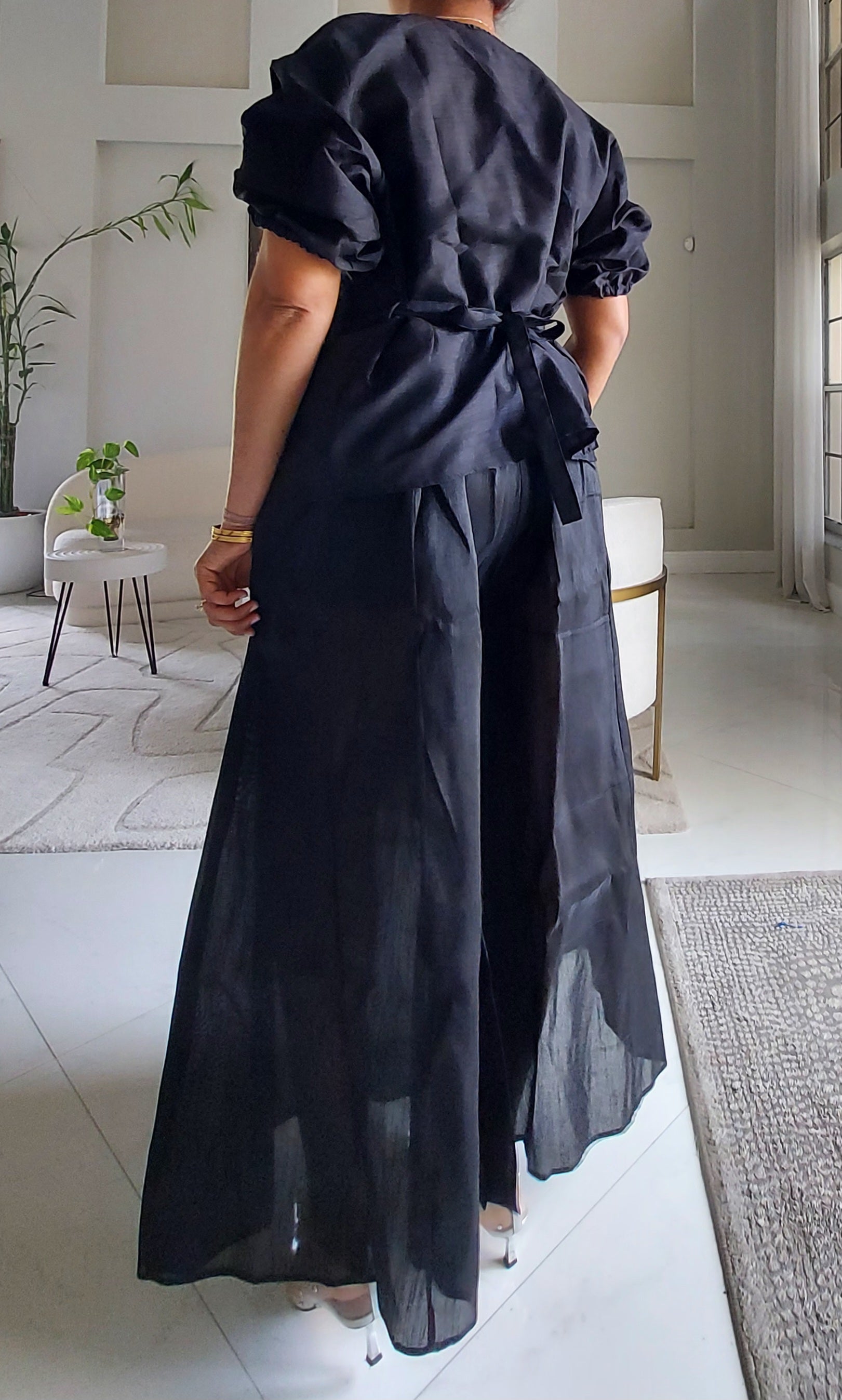 Faux Silk Palazzo Pant Set - Black 4196