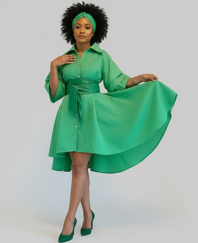 Swing Dress/ Faux Silk/ Ruffle Sleeve - Green