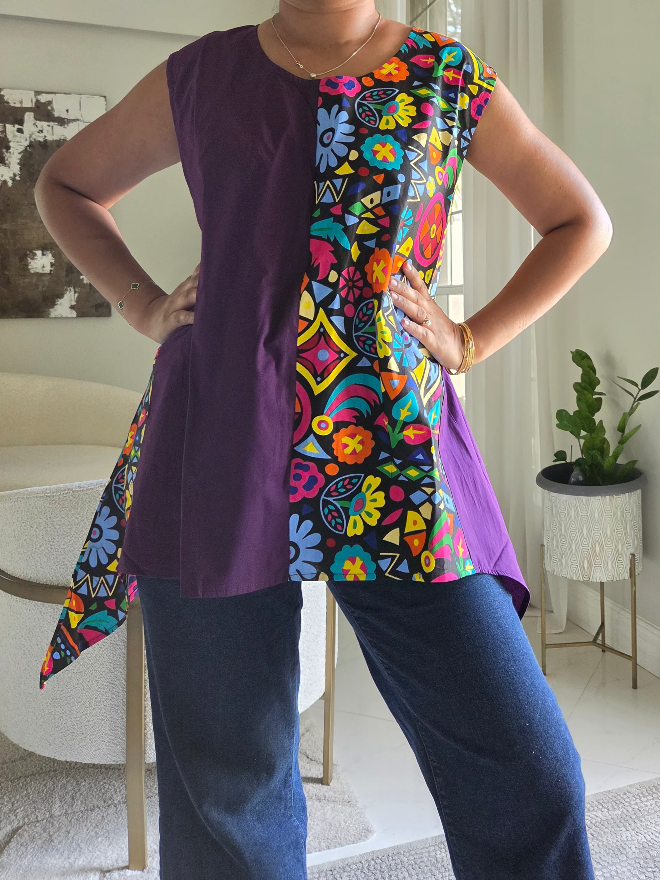 Maya Split-Design Cotton Tunic – Colorful Abstract - 7222